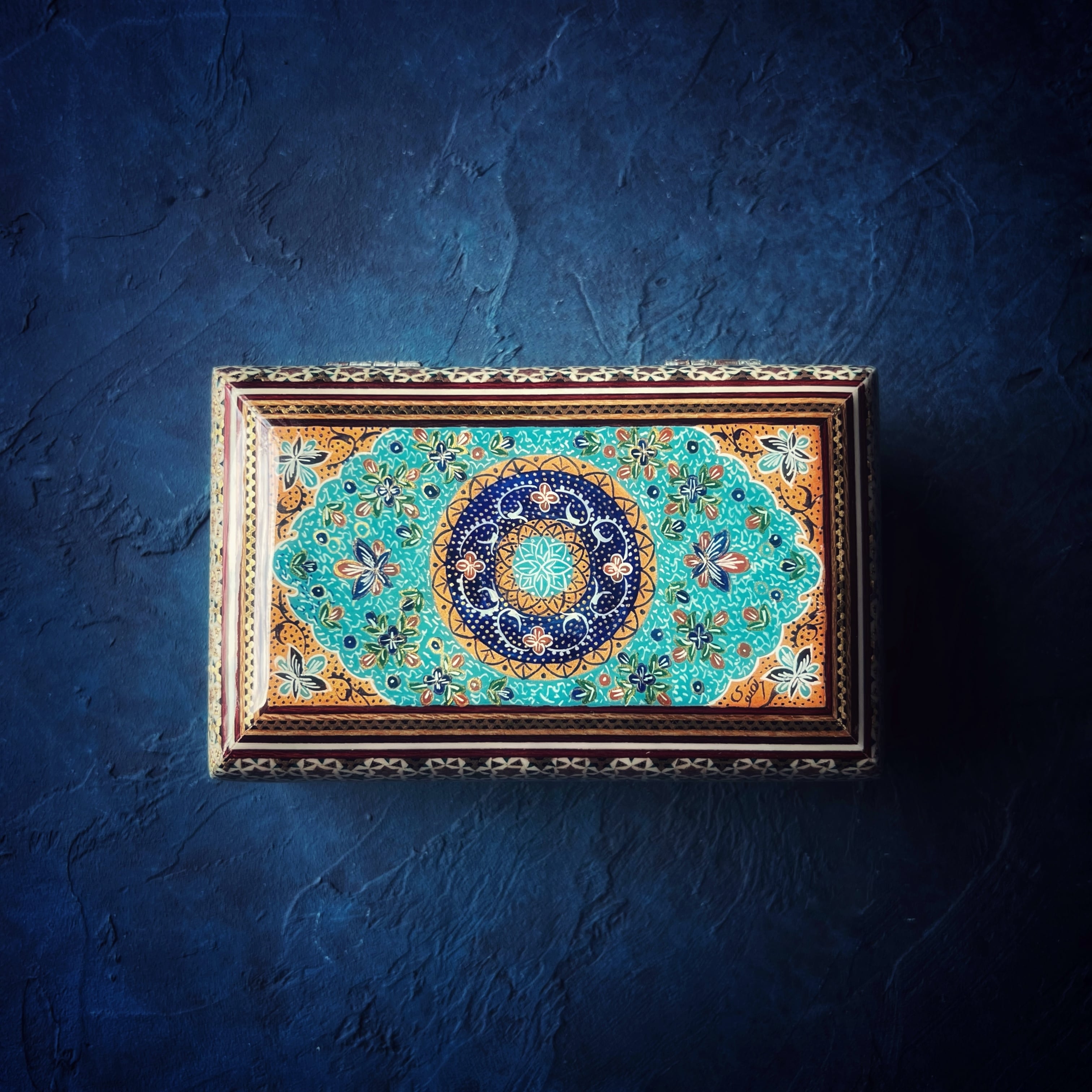 象嵌細工（ハータムカーリー）小箱 長方形 16cm ターコイズ