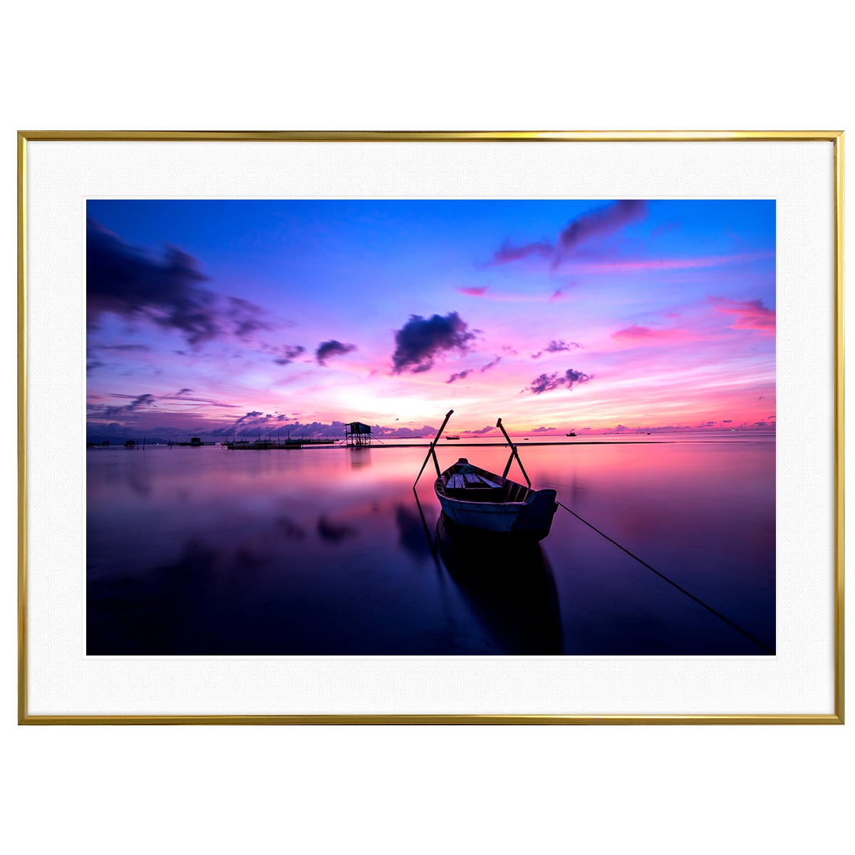 夜明け写真 海に浮かぶボート インテリアアートポスター額装 AS1752