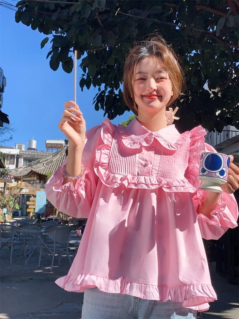 ブラウス ピンク 水色 ガーリー トップス フリル | Pay ID