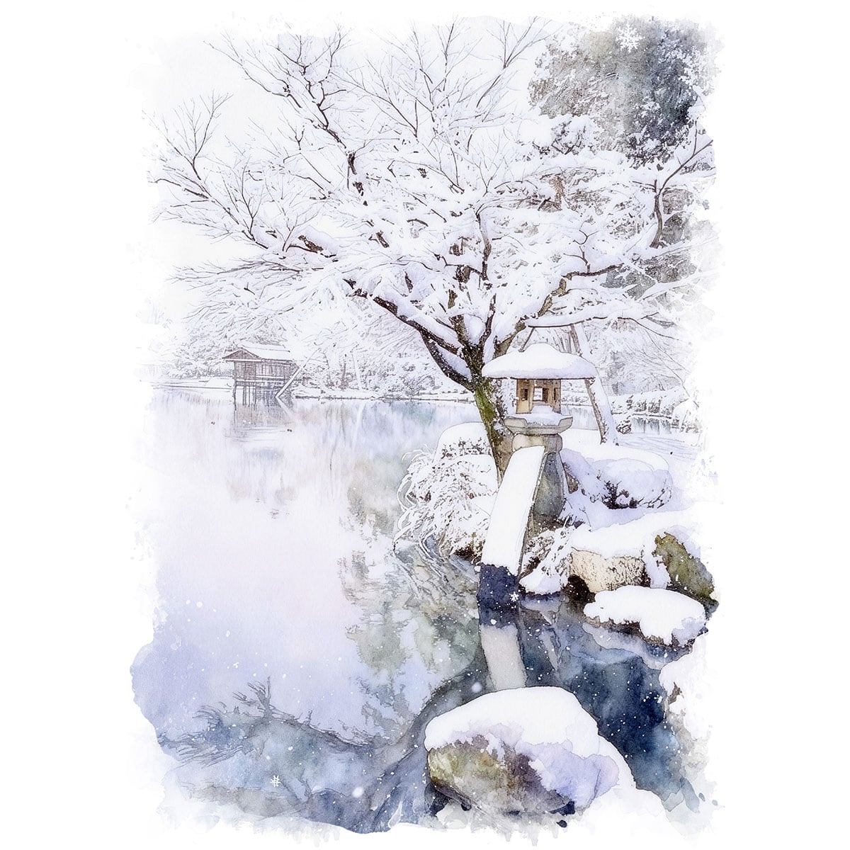 絵画(風景画) 日本 石川県 雪の兼六園 インテリアアート額付き 水彩画
