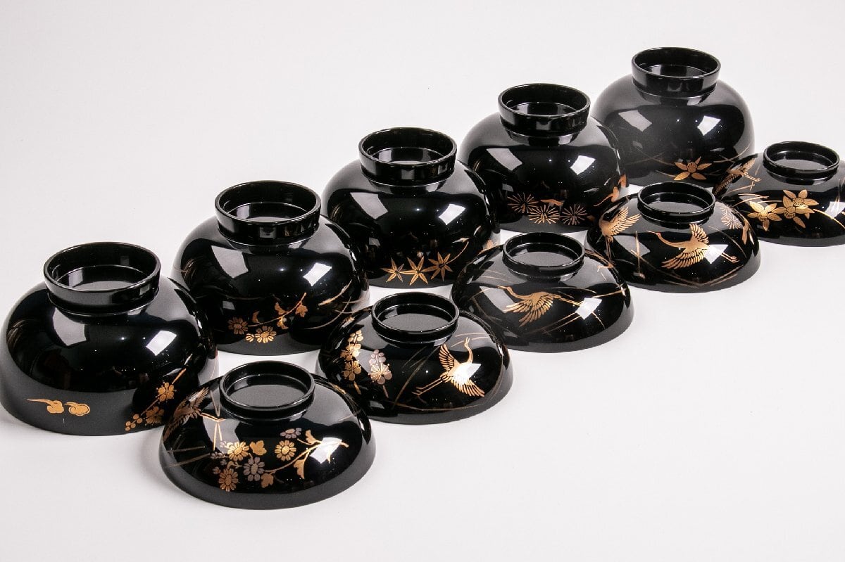 新品 輪島塗 人間国宝 大場松魚 寺井直次 蒔絵麗沢 吉祥文 10客 共箱