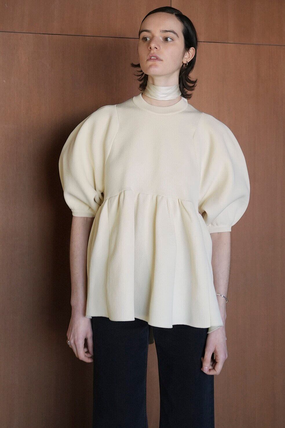 CLANE(クラネ) BALLOON SLEEVE GATHER KNIT TOPS IVORY | サウス