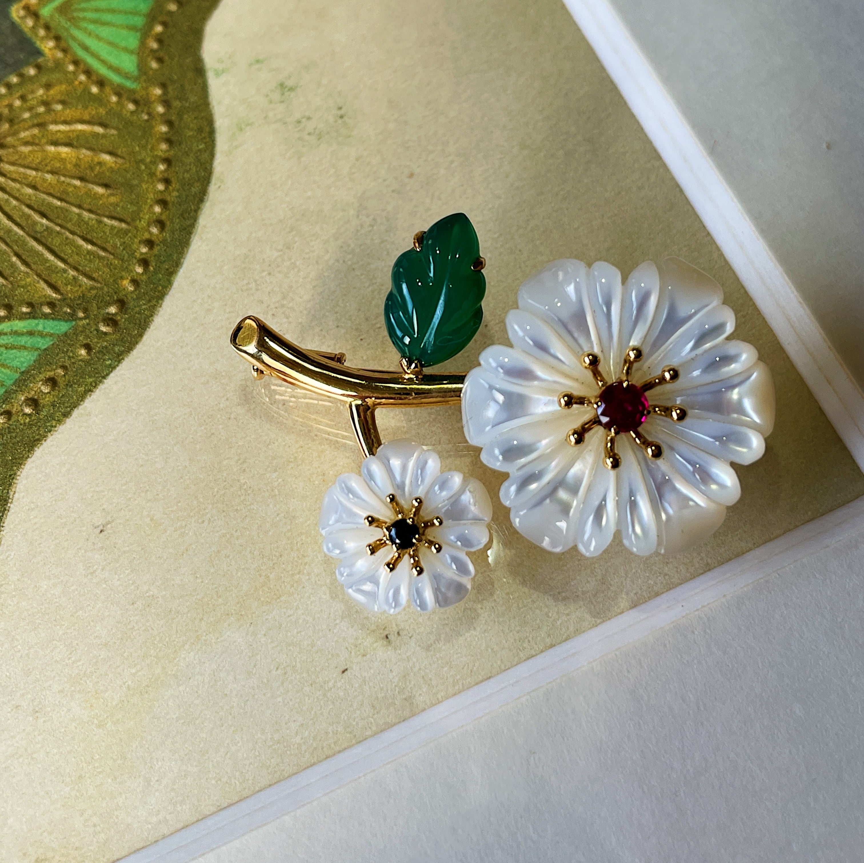 K18【ひなげし】シェル・ブローチ ルビ－、サファイヤ入り (中古 A