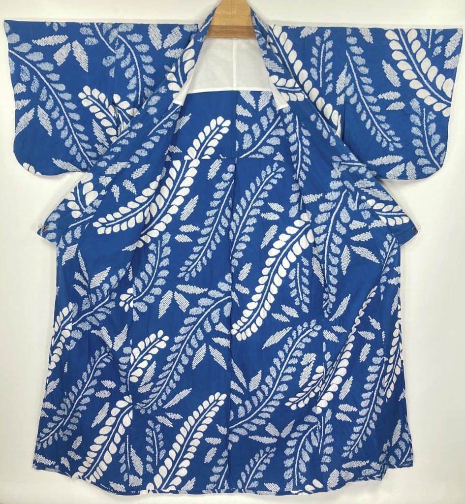 有松絞り【浴衣】希少品 藤の花 綿 夏着物 有松鳴海絞り 青 白 群青色