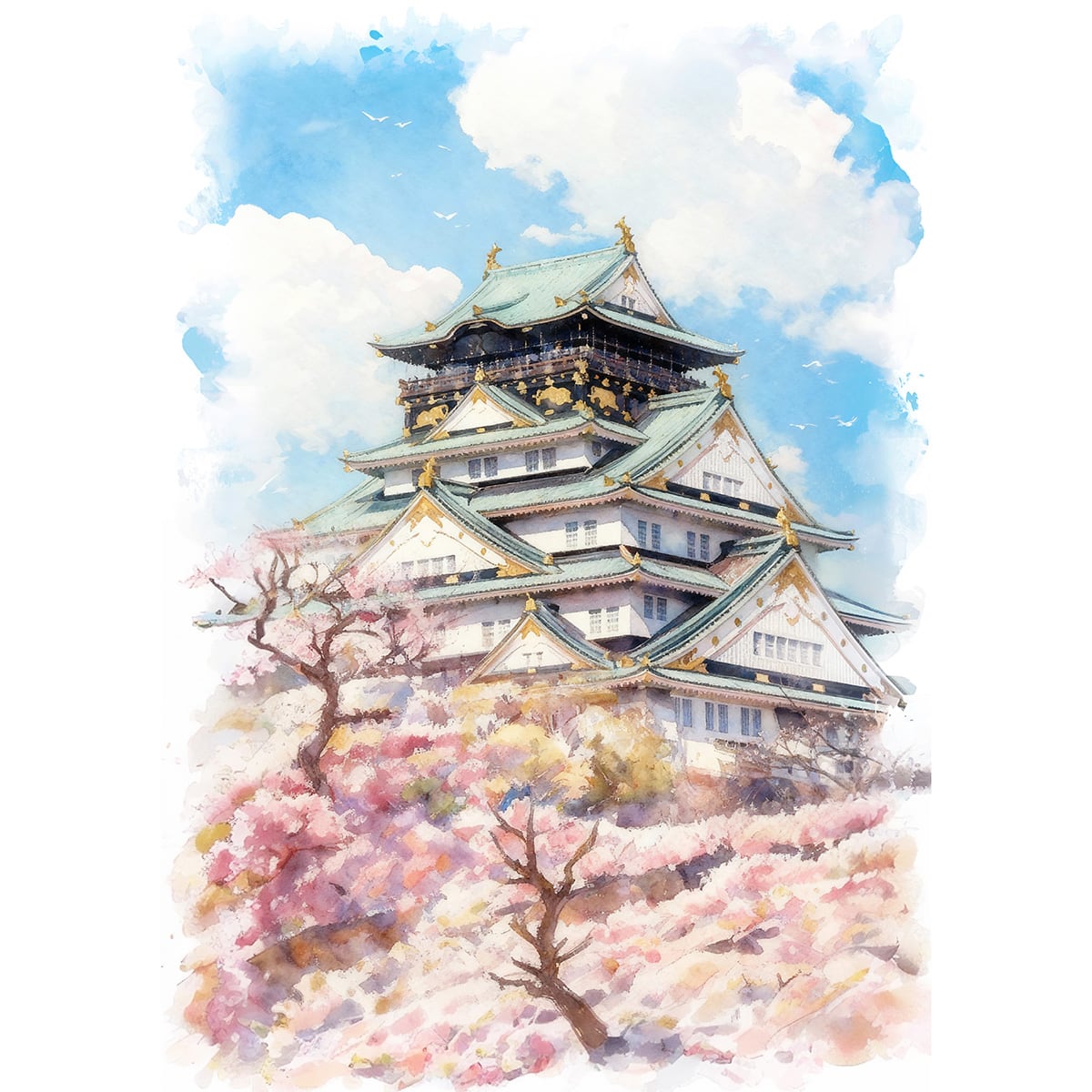 絵画 風景画 日本の城 大阪府大阪城 インテリアアート額付き 水彩画
