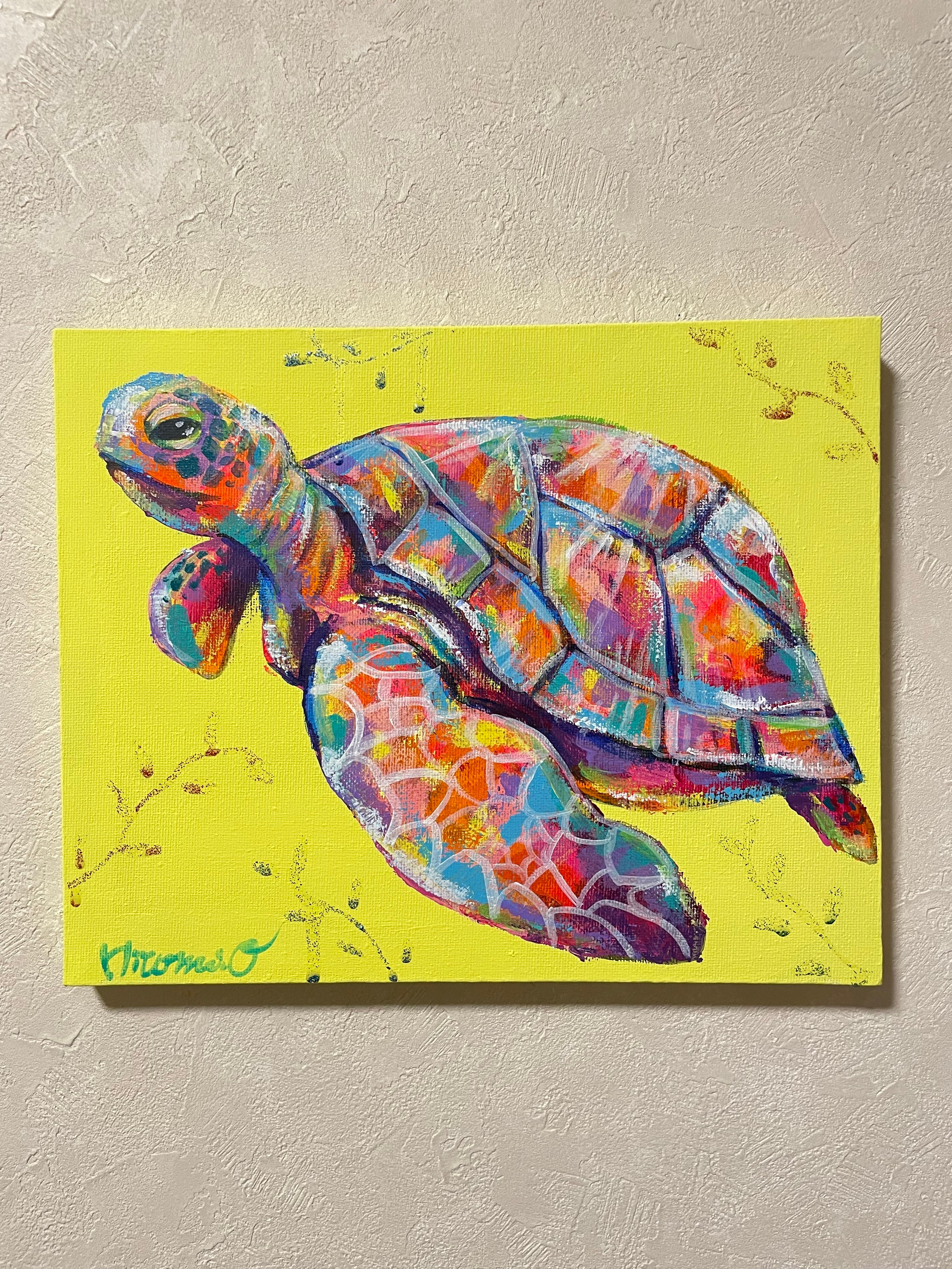 A-130/24】動物画 ウミガメ 原画 絵画 現代アート キャンバス 真作