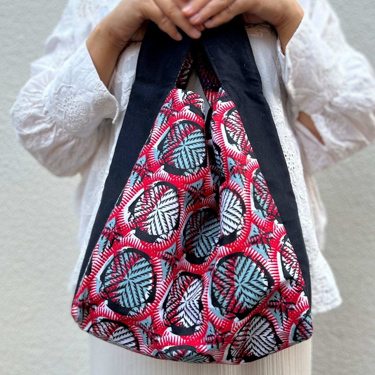 スクエアトートバッグ ネット スカイブルー レッド パープル x