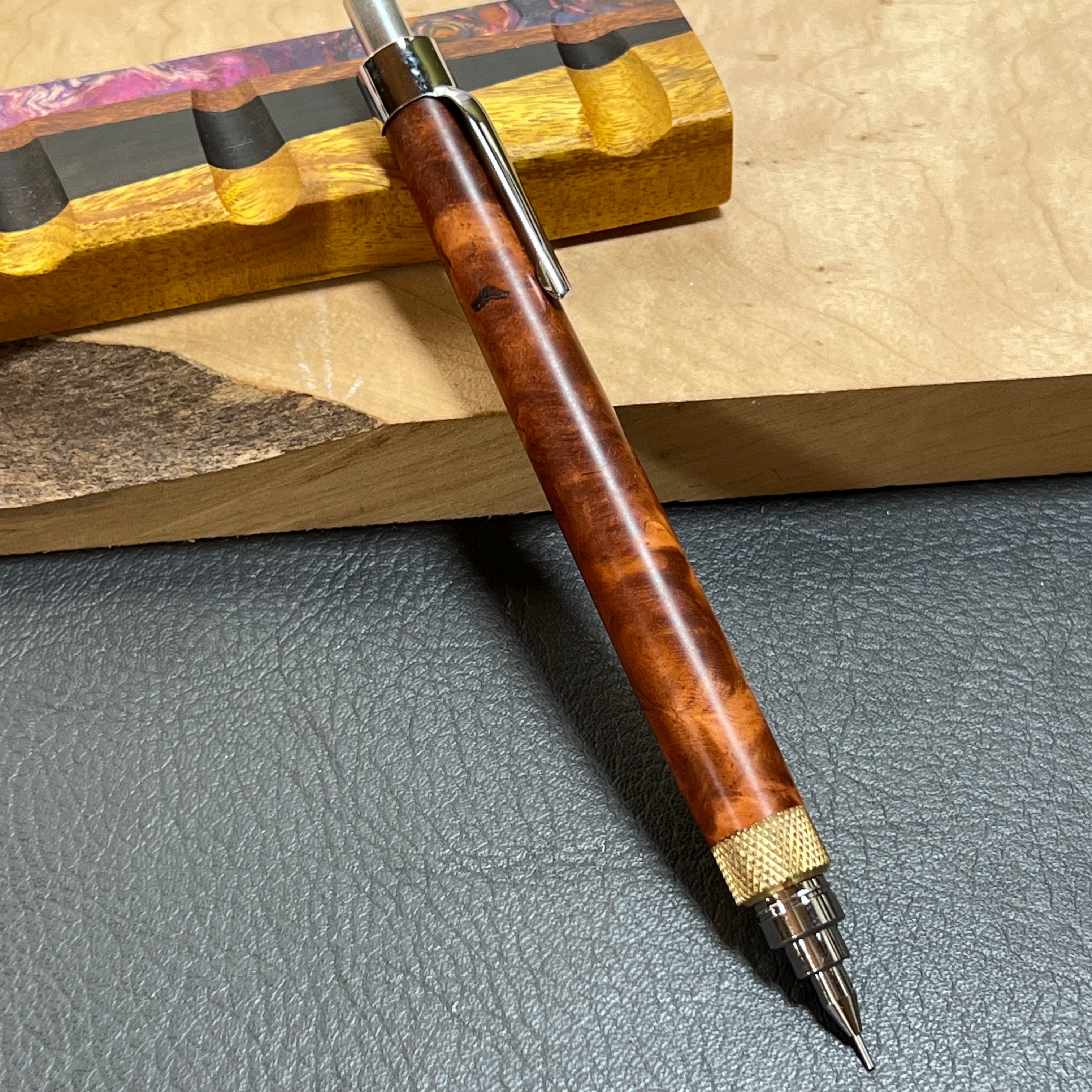 37花梨瘤源平柄濃色 木製シャーペン 最強低重心 ローレット 真鍮