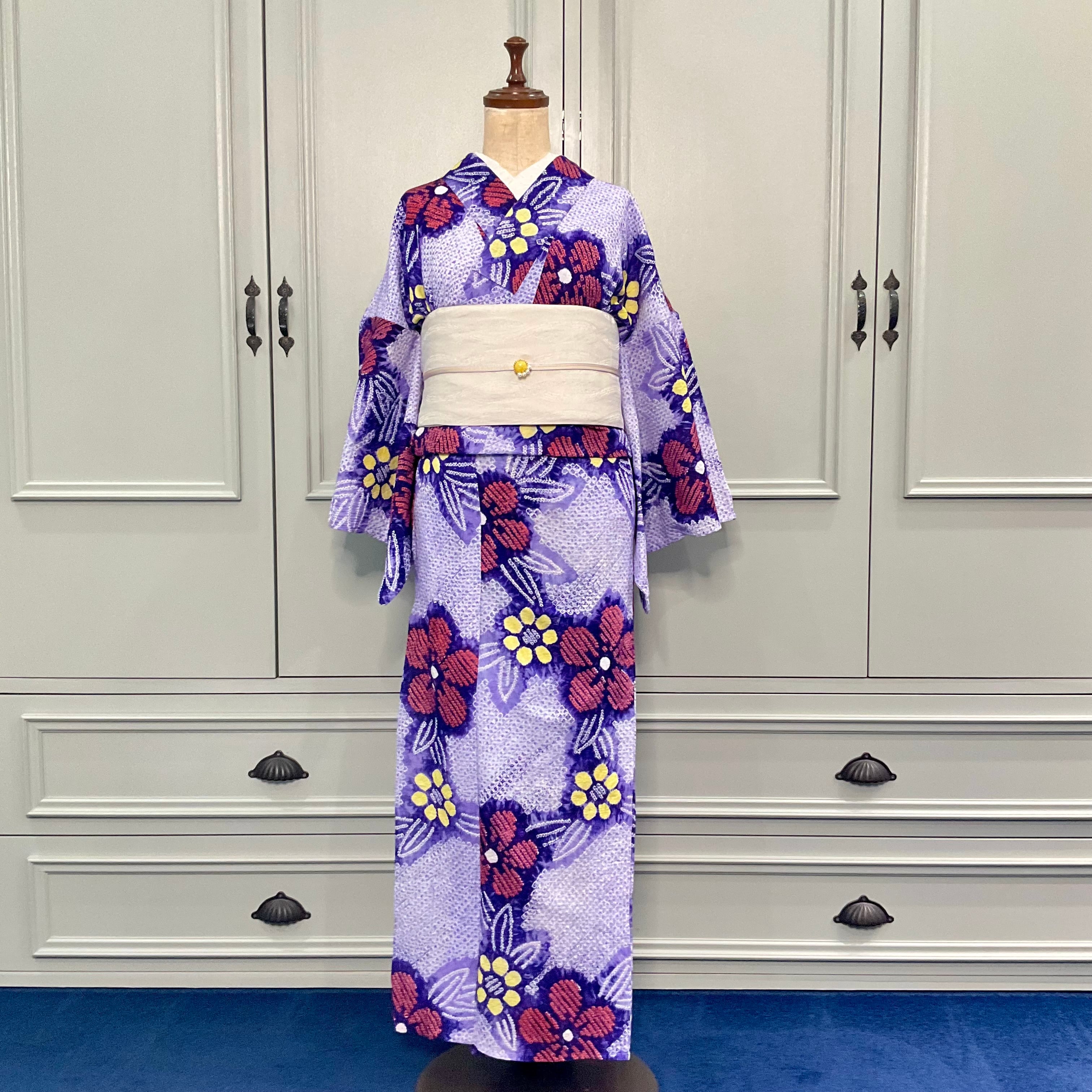 藤色の花園＊有松鳴海絞り浴衣 花 紫 赤 黄 A689 | kimono tento