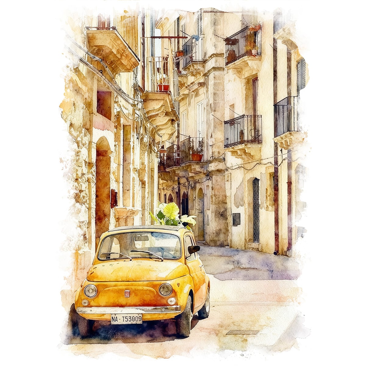 絵画 イタリア 風景画(街並み) レッチェ フィアットのある風景