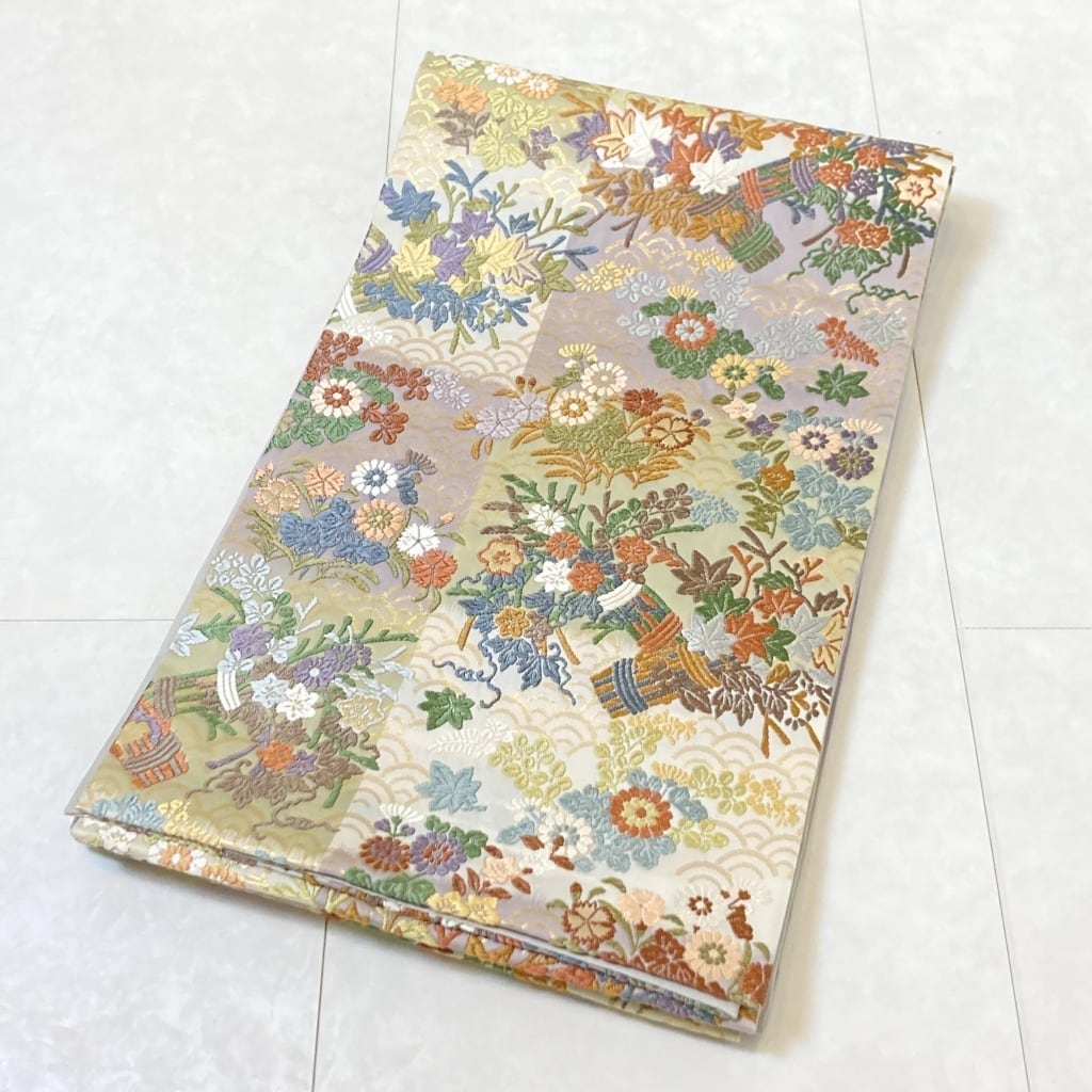 唐織り 花柄 市松 青海波 袋帯 正絹 金糸 紫 黄緑 白 613 | kimono Re