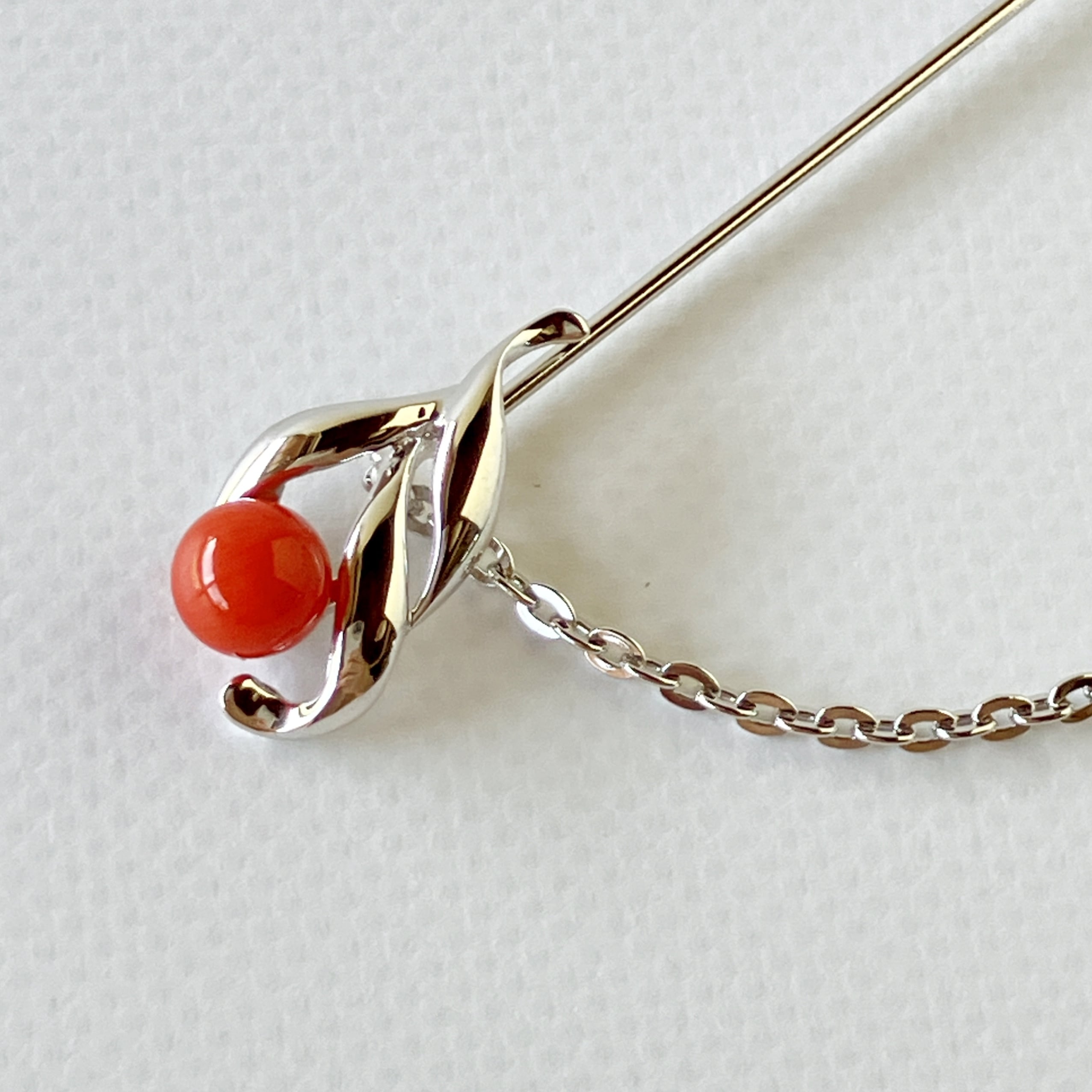 赤珊瑚 ピンブローチ チェーン付 SV fb-25 | ワールドコーラル