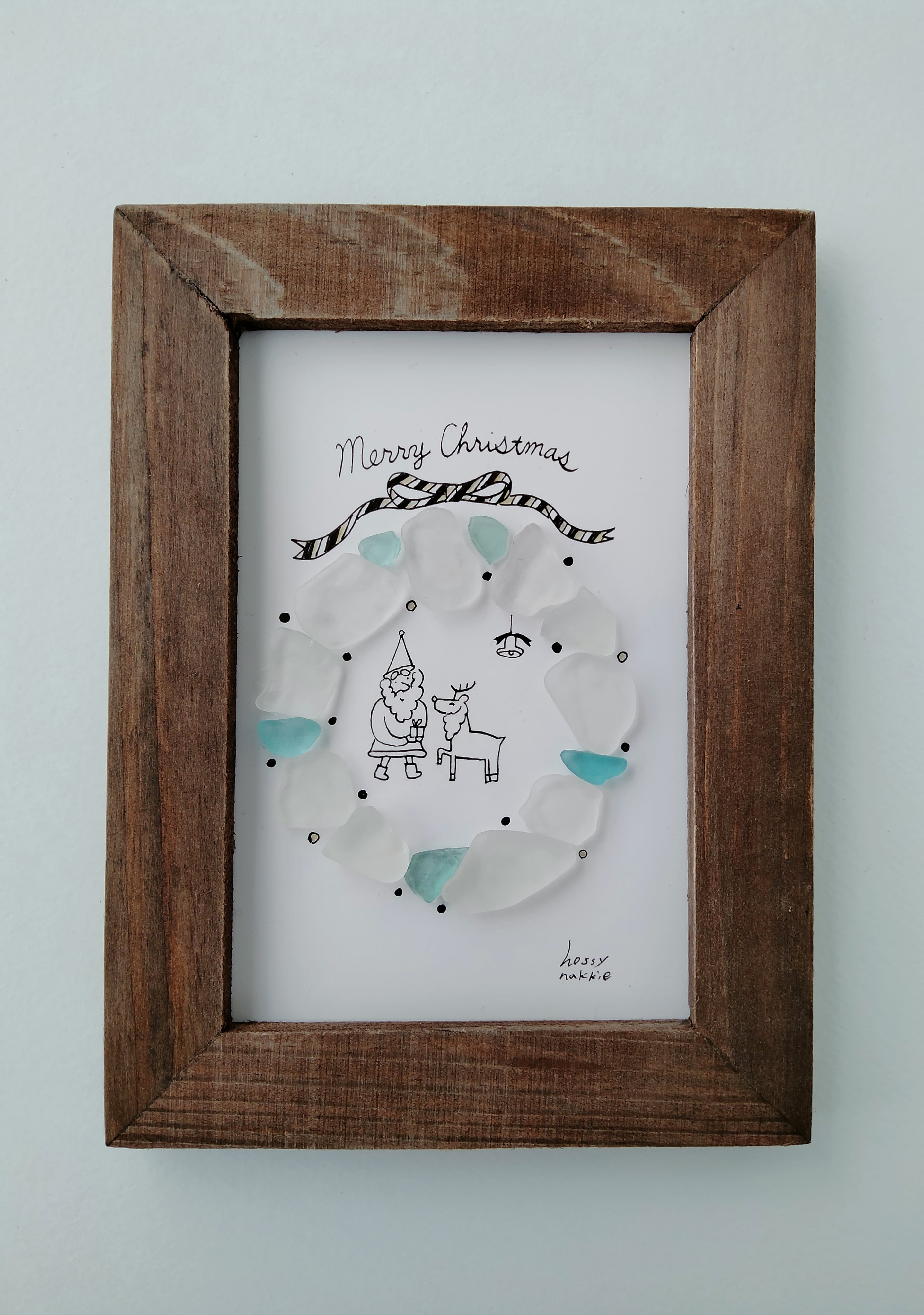 シーグラスアート「クリスマスリース」 ミニ額 イラスト クリスマス