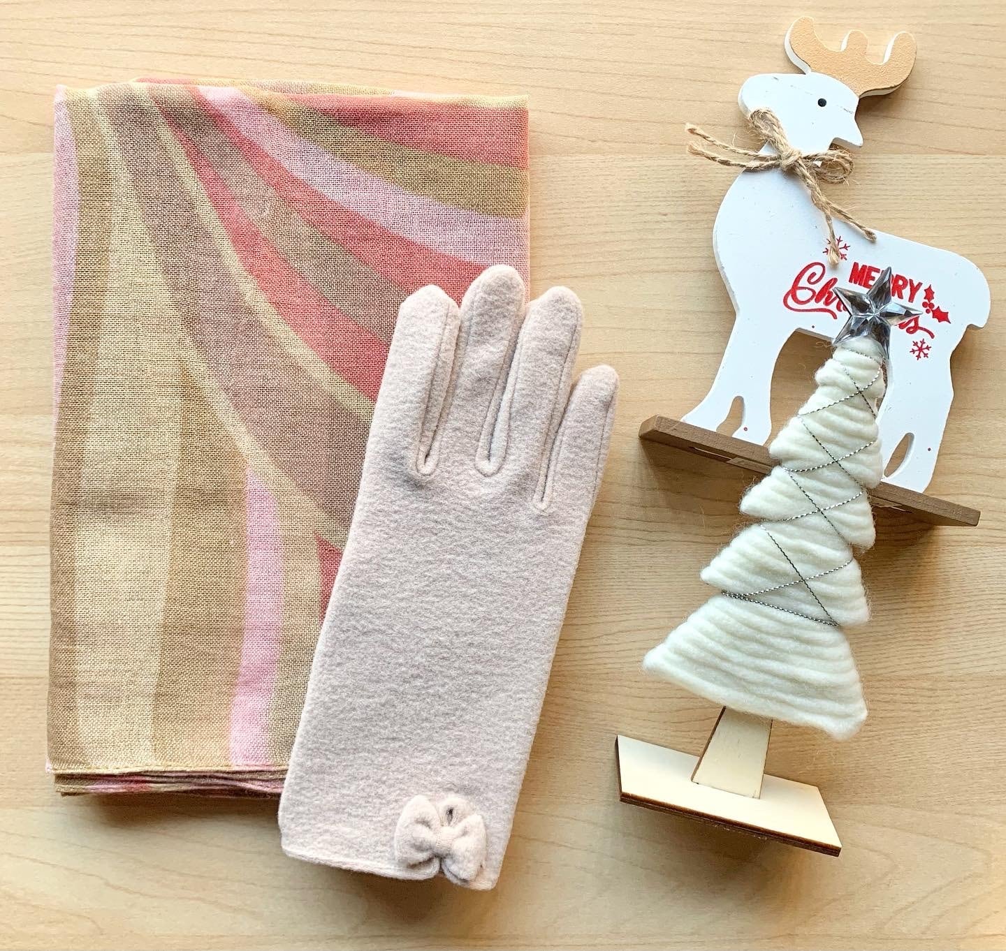 手袋 リボン ピンクベージュ/グレー | ひなみ -hinami-