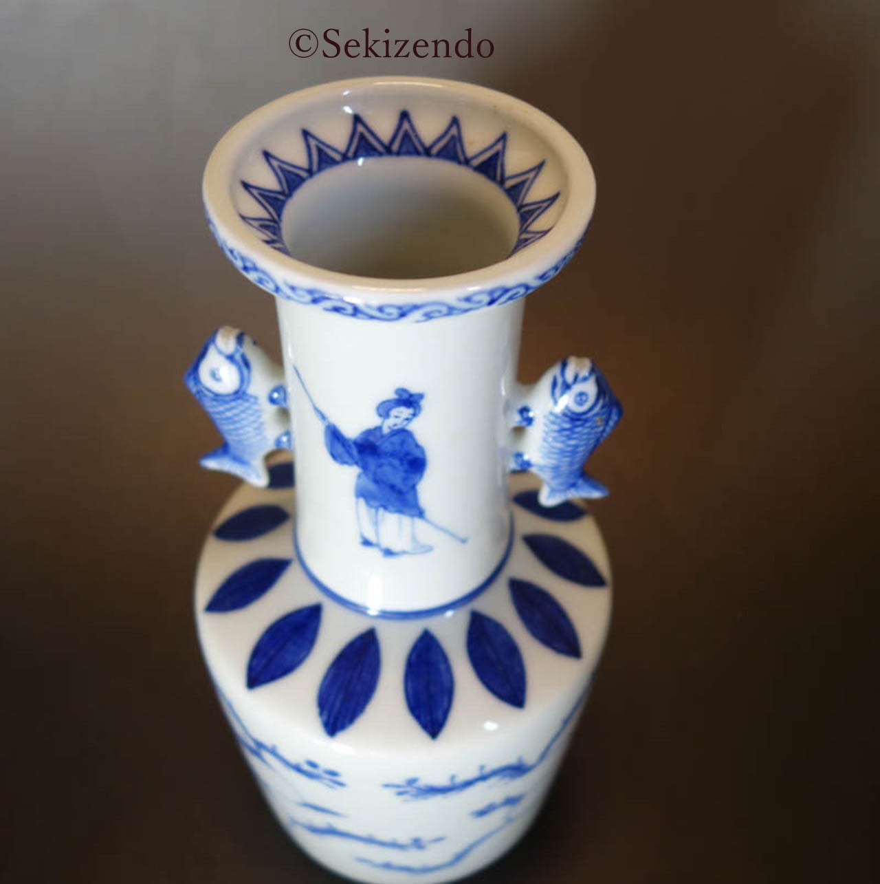 九谷焼 双魚耳付 古染付 高砂手 花生 花器 井上陶源堂 共箱 陶源作