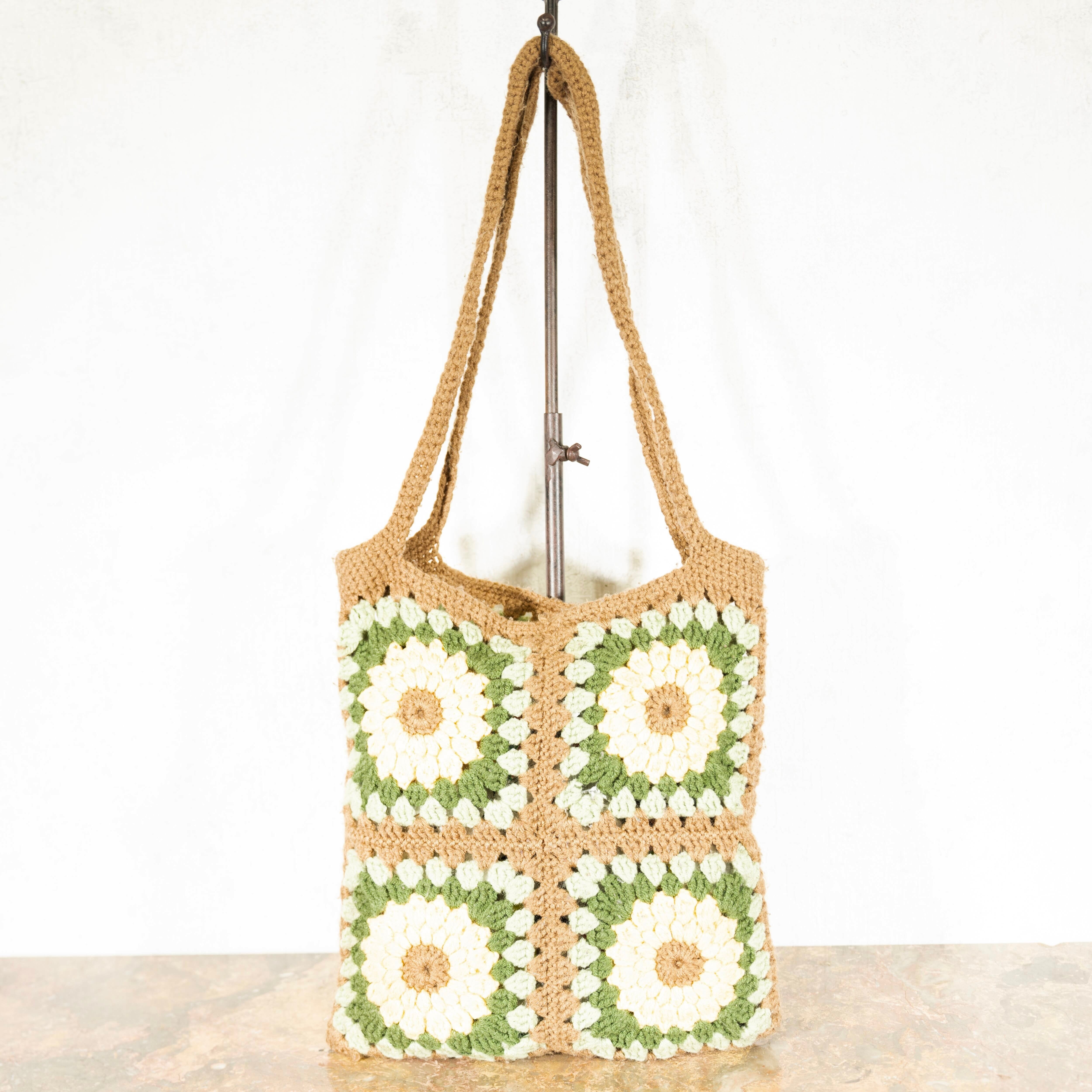 60's～70's USA VINTAGE CROCHET DESIGN GRANNY KNIT TOTE BAG/60年代