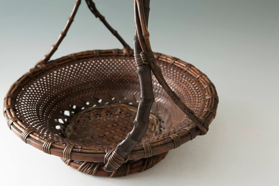 竹籠 田辺竹保斎 手付竹編籠花入 提梁 花籃 時代籠 花器 花入 かご 室