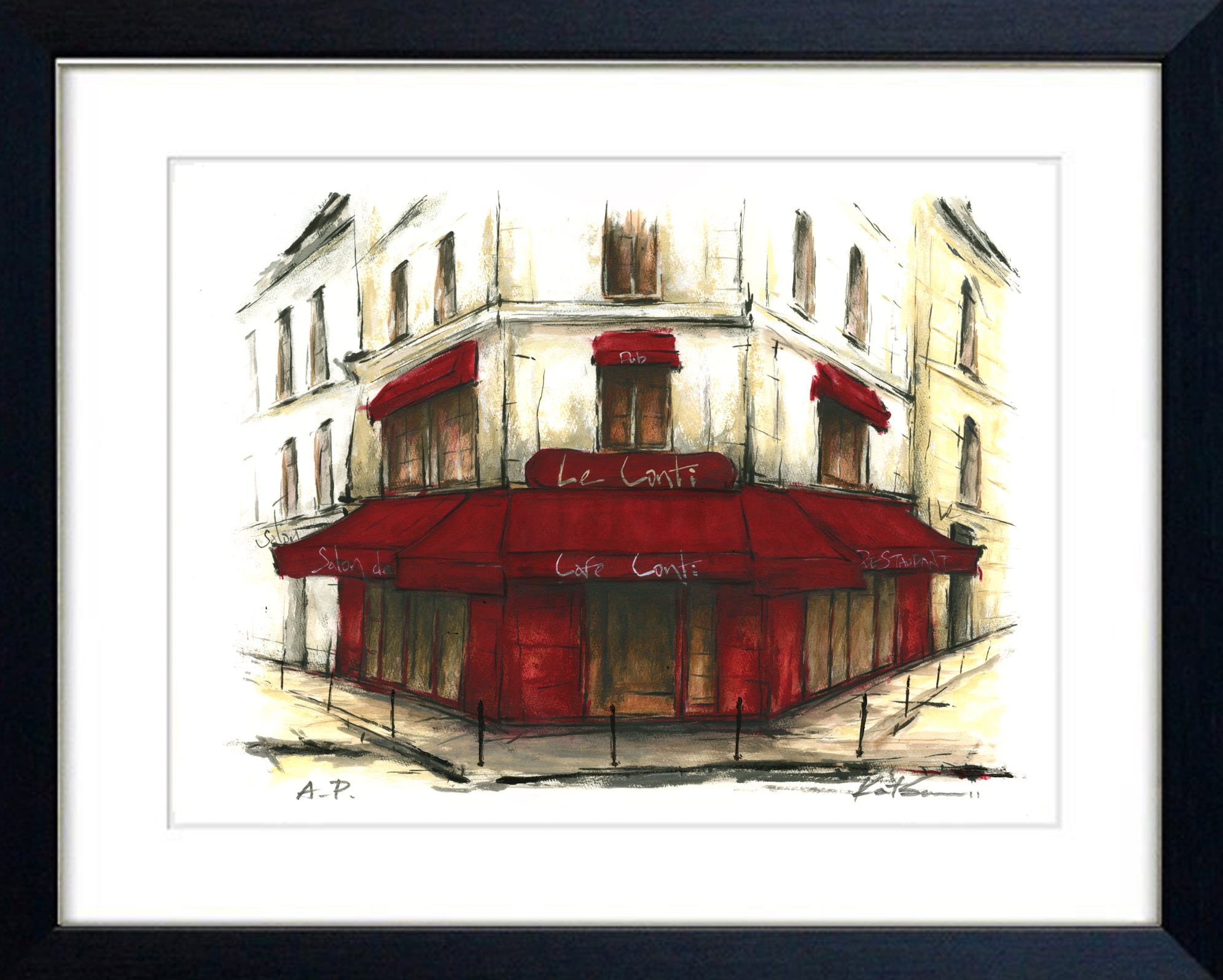 風景画 パリ 版画「街角のカフェ」 | KatsuArtGallery