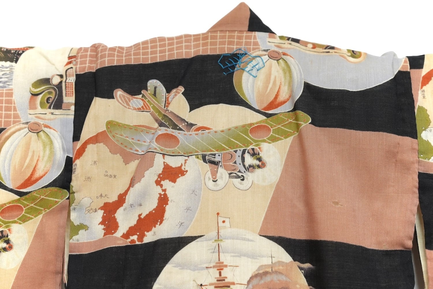 4289 こども着物 戦争柄 満州 戦艦 飛行機 背守り モスリン（ウール