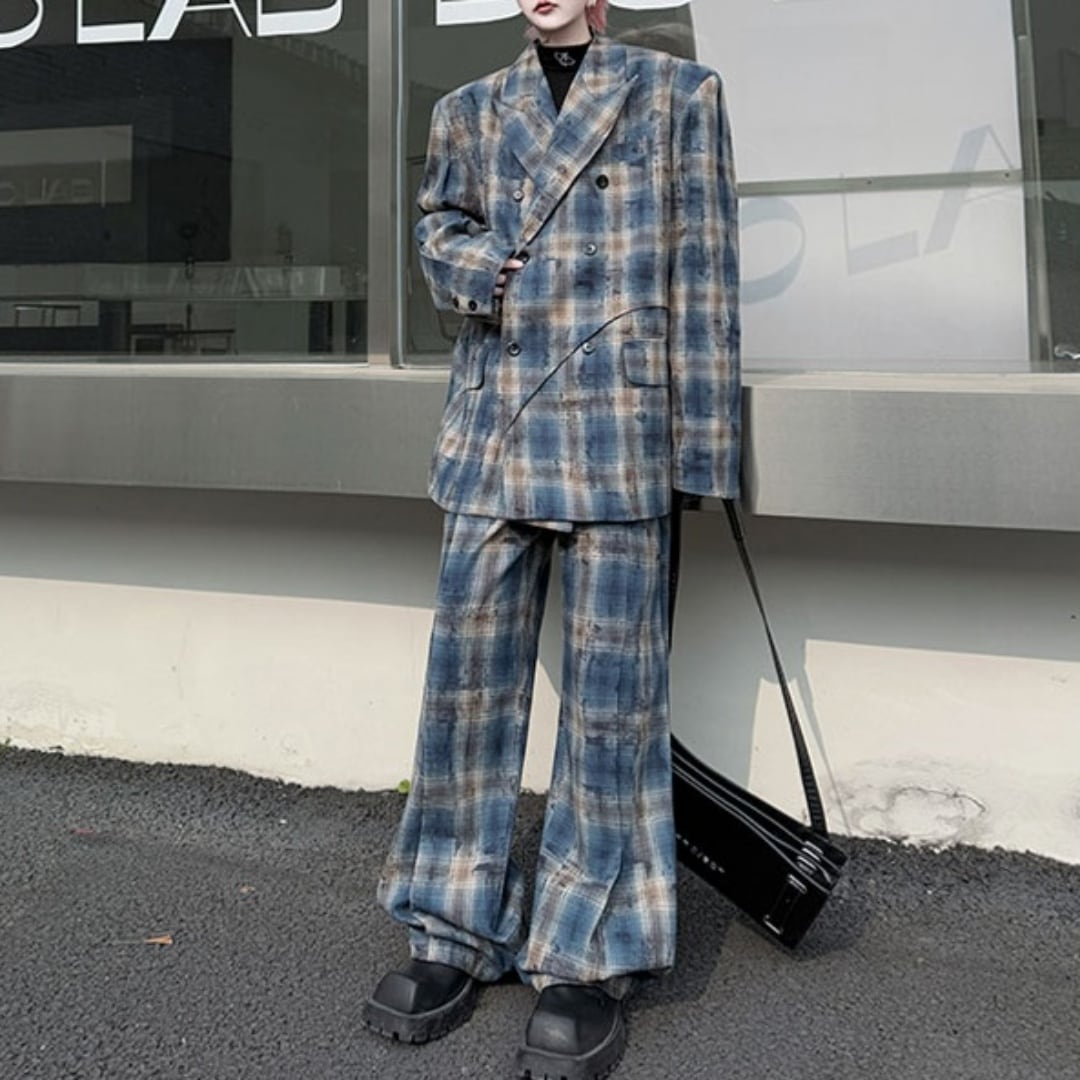 レトロチェック柄 ダブルブレストスーツ セットアップ 2カラー D11392