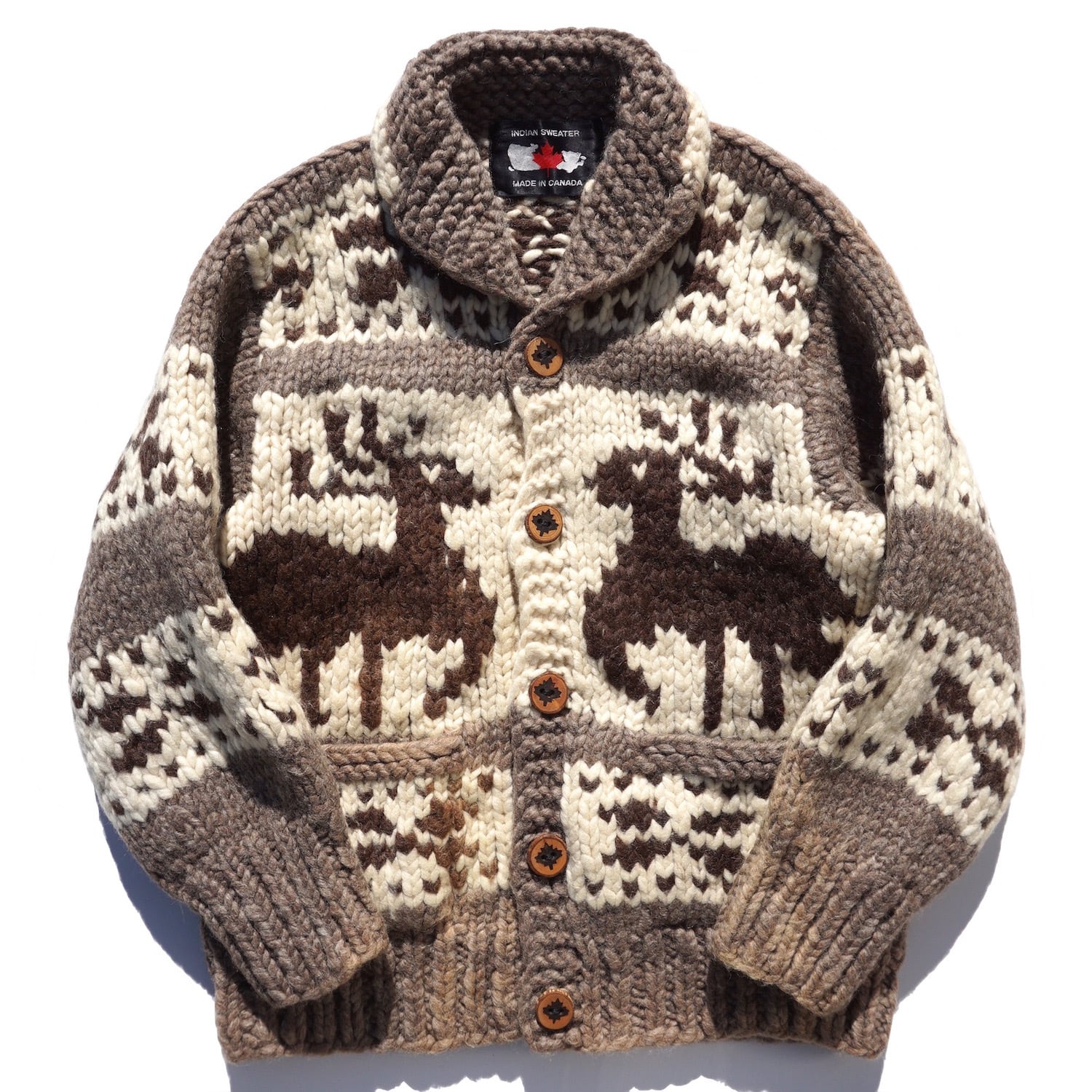 1990's CANADA製 [INDIAN SWEATER] トナカイ柄 カウチンセーター 年輪