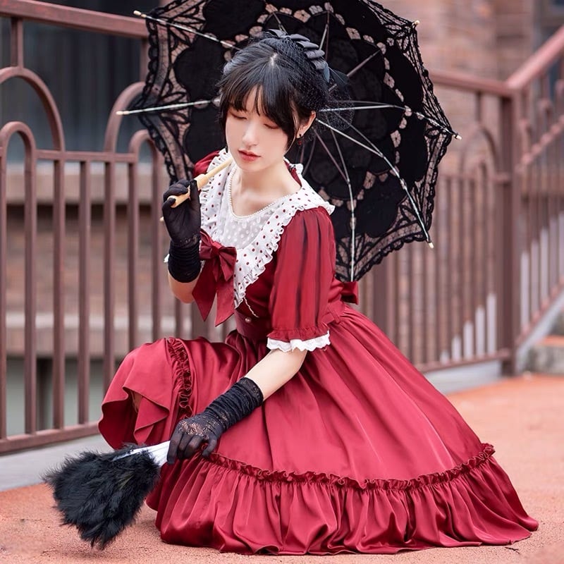 赤 ドレス ガーリー ロリータ ワンピース リボン 襟 衣装 姫 レッド