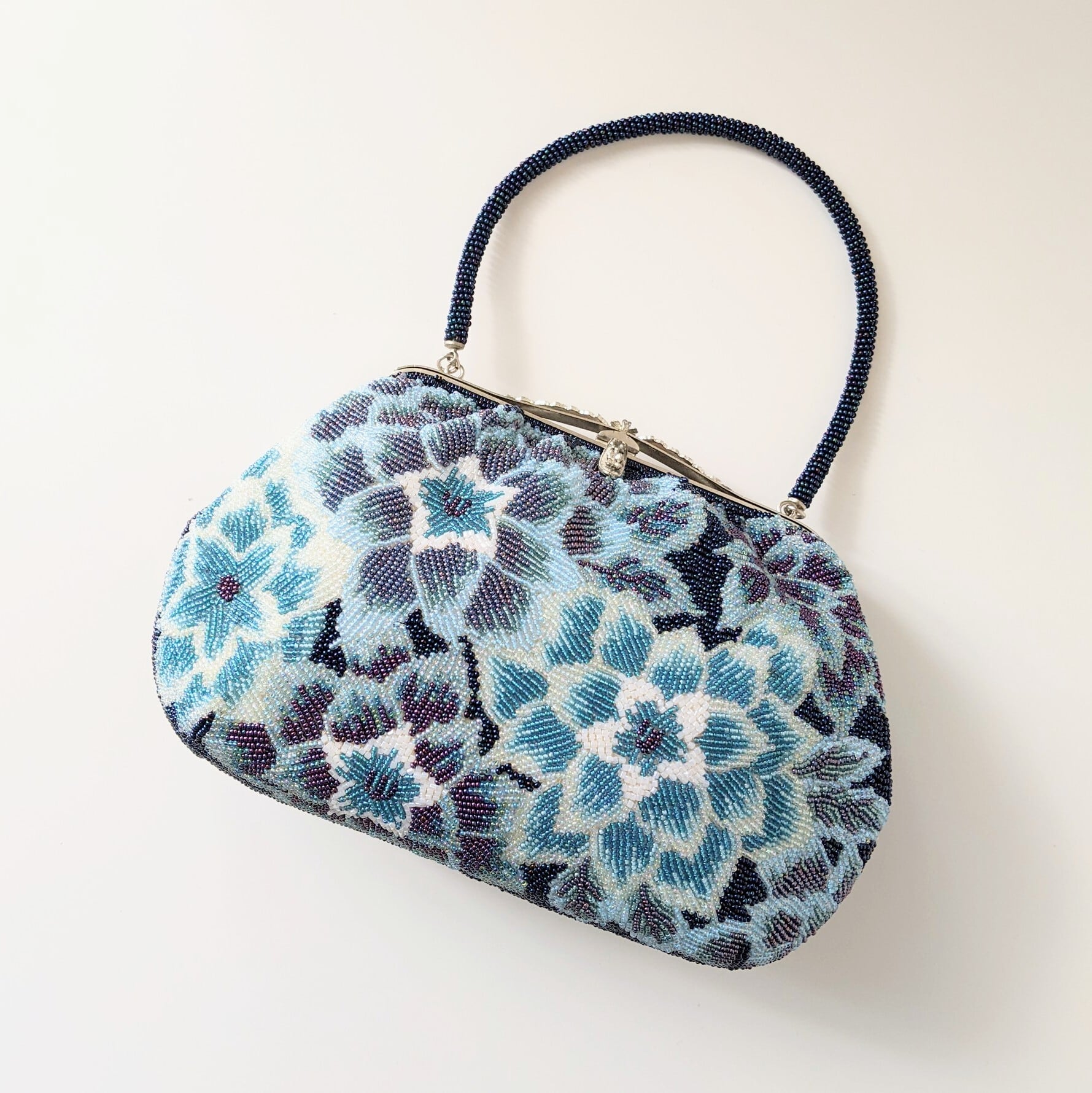 Vintage】ビーズ刺繍バッグ Vintage Beaded Bag 青系 ダリア 花柄