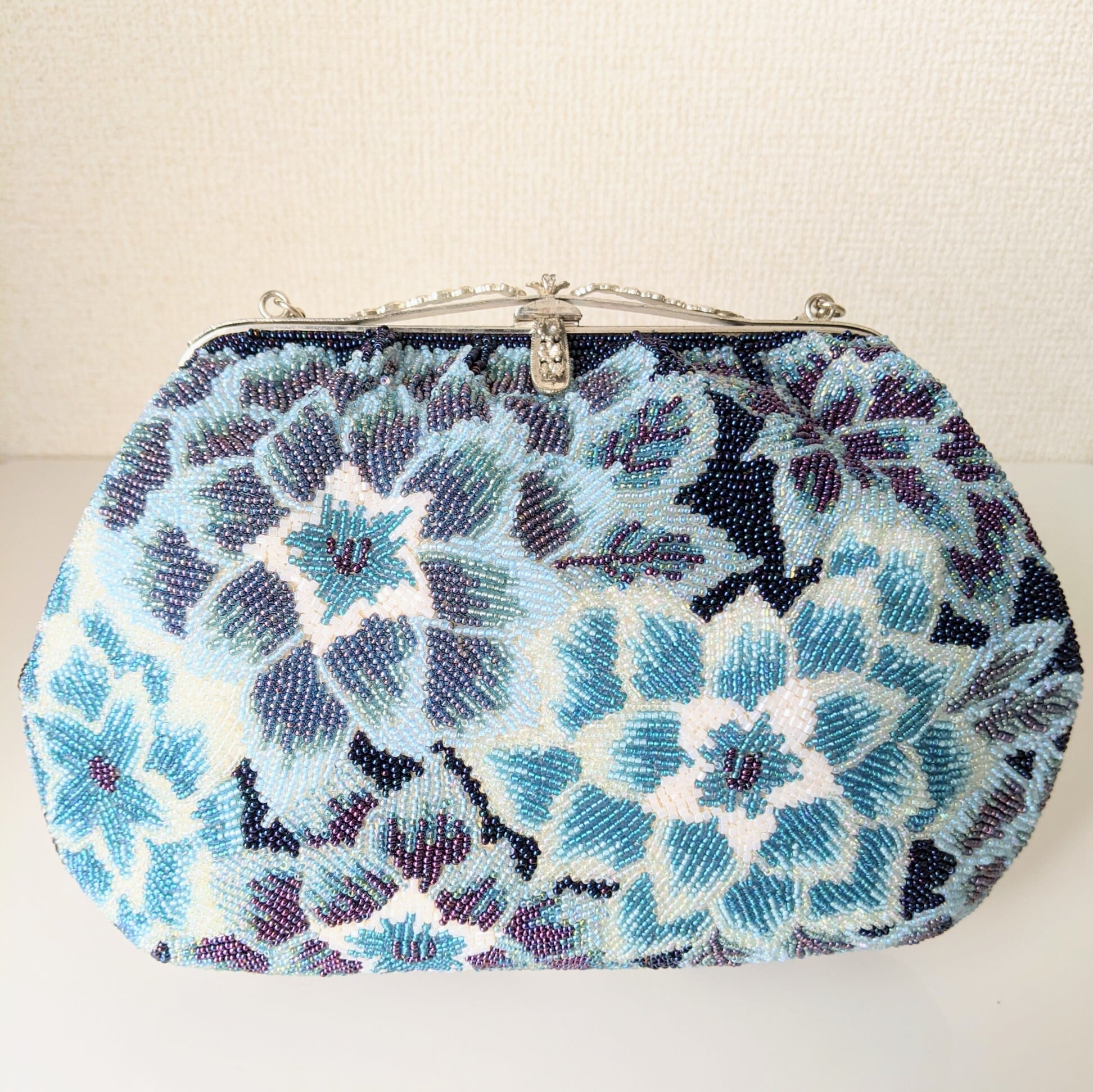 Vintage】ビーズ刺繍バッグ Vintage Beaded Bag 青系 ダリア 花柄