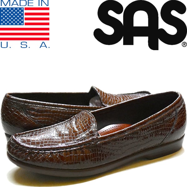 1点物◇USA製SAS革靴レザーシューズ茶ヘビ柄ローファー古着メンズ27