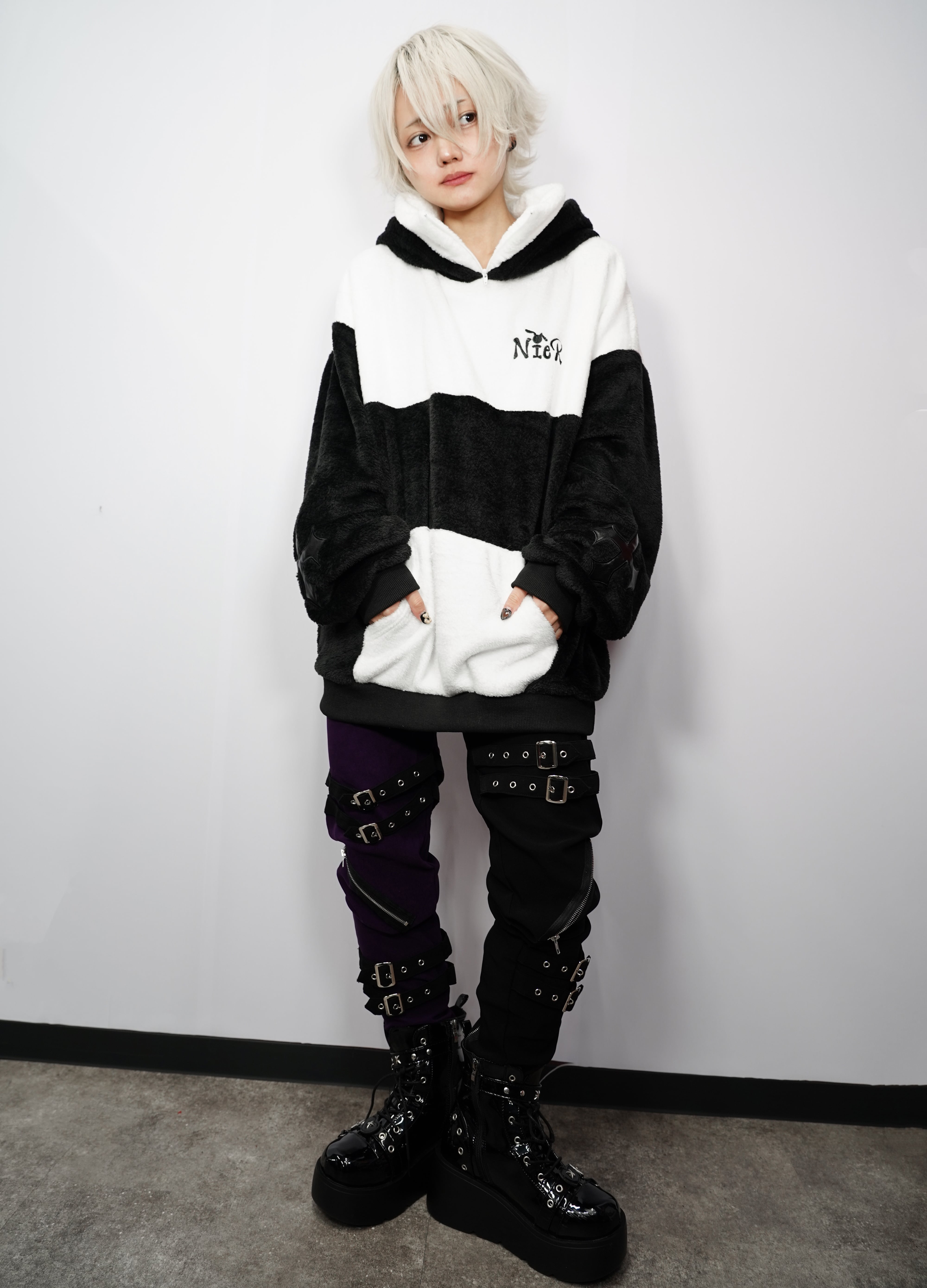 高品質BONDAGE BELT×ZIPPER STYLISH TWO-TONE PANTS【PURPLE×BLACK