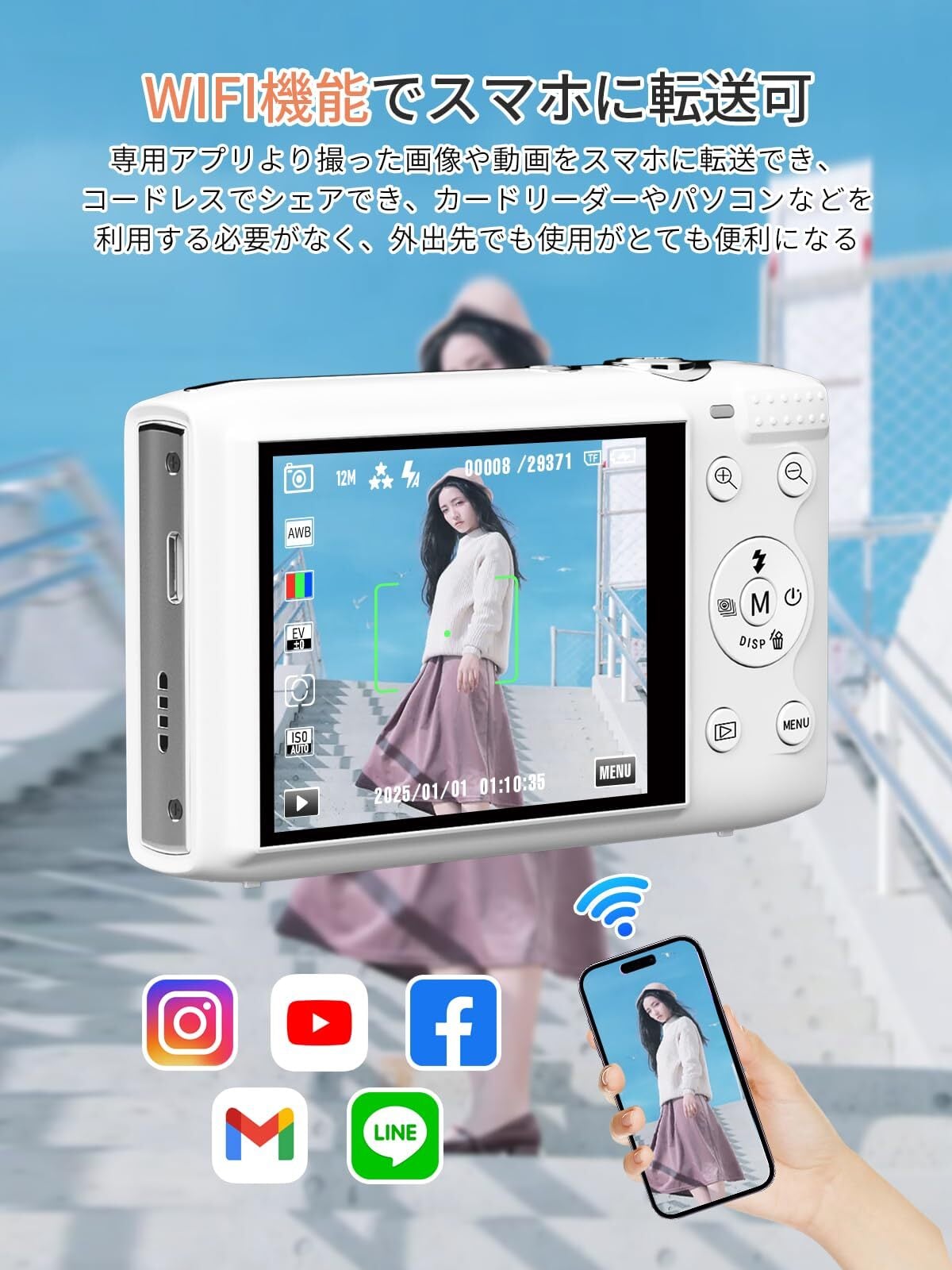 AiMike スマホに送れる デジタルカメラ 5K デジカメ WIFI転送機能 7200