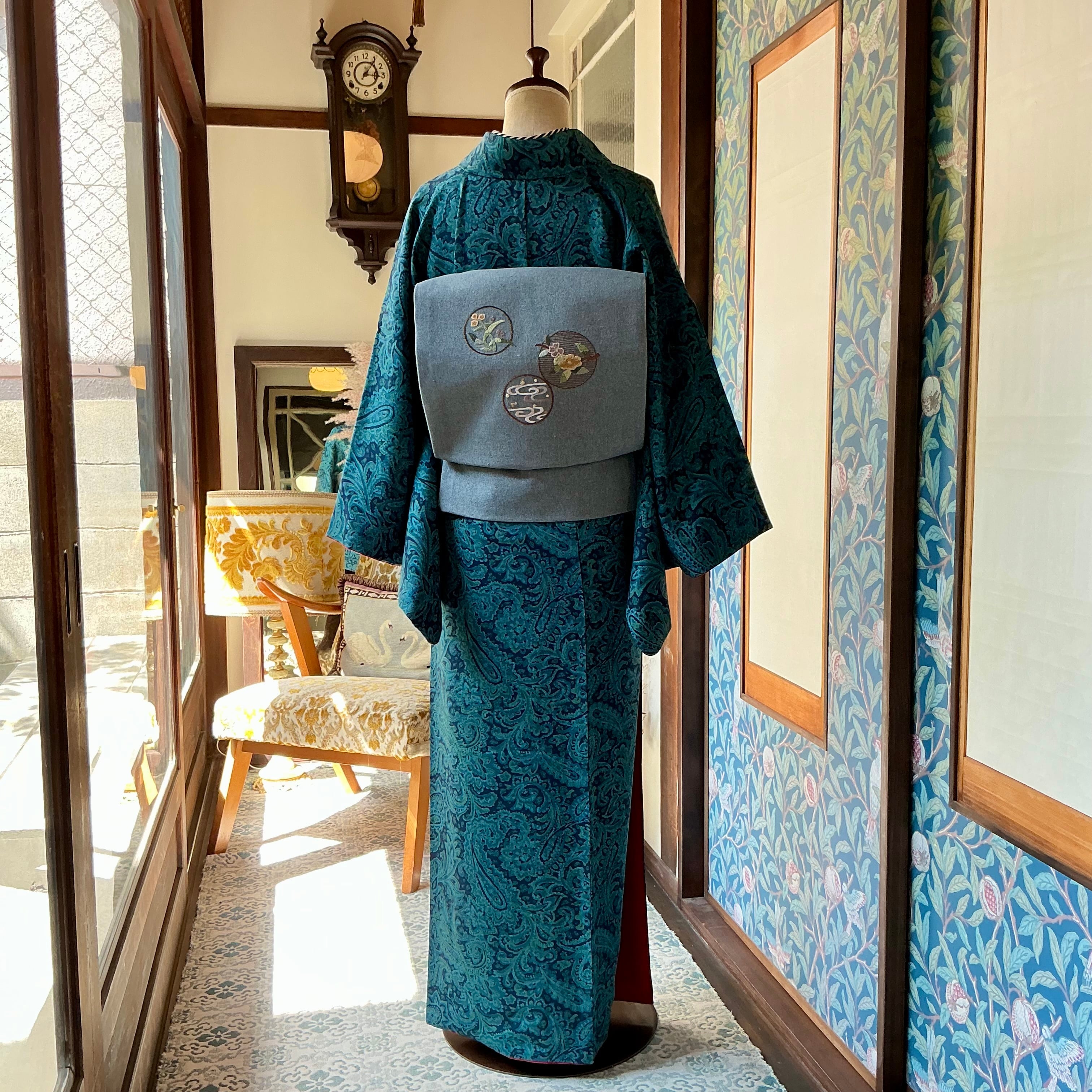 Chenille＊相良刺繍 手刺繍 ブルーグレー 名古屋帯 B003 | kimono tento