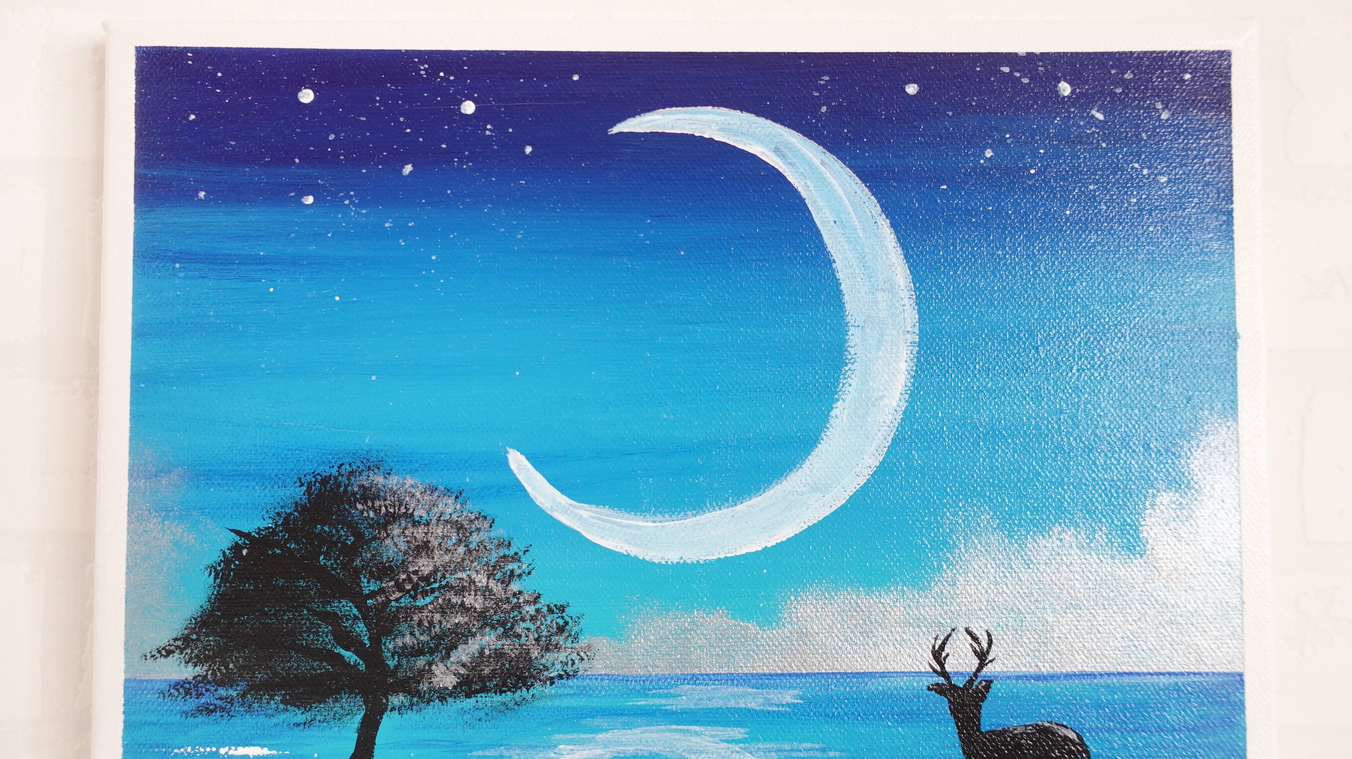 幻想の世界・鹿と三日月【アクリル画】原画・イラスト・幻想的 30×30