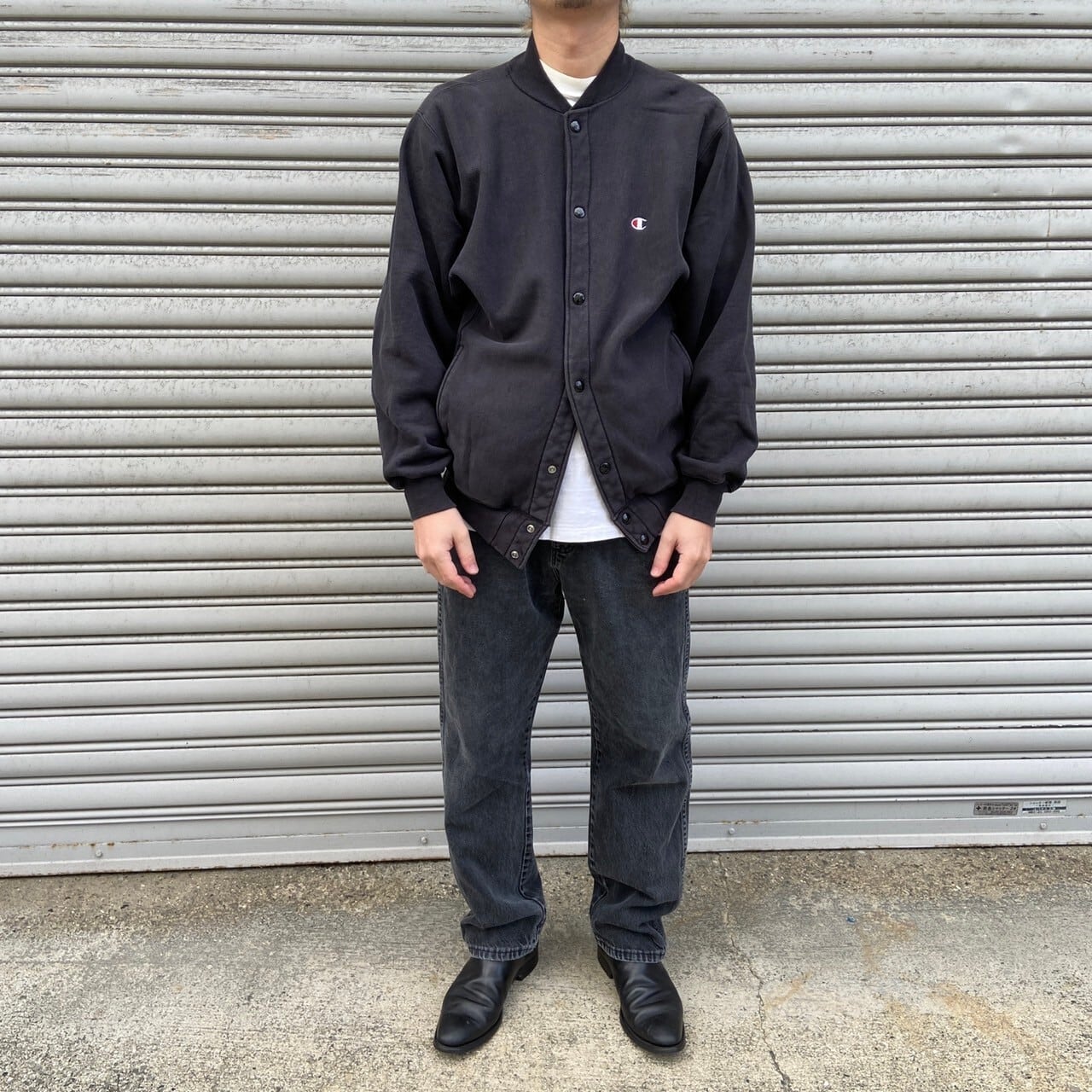 90s USA製 Champion リバースウィーブスナップカーディガン 黒 M