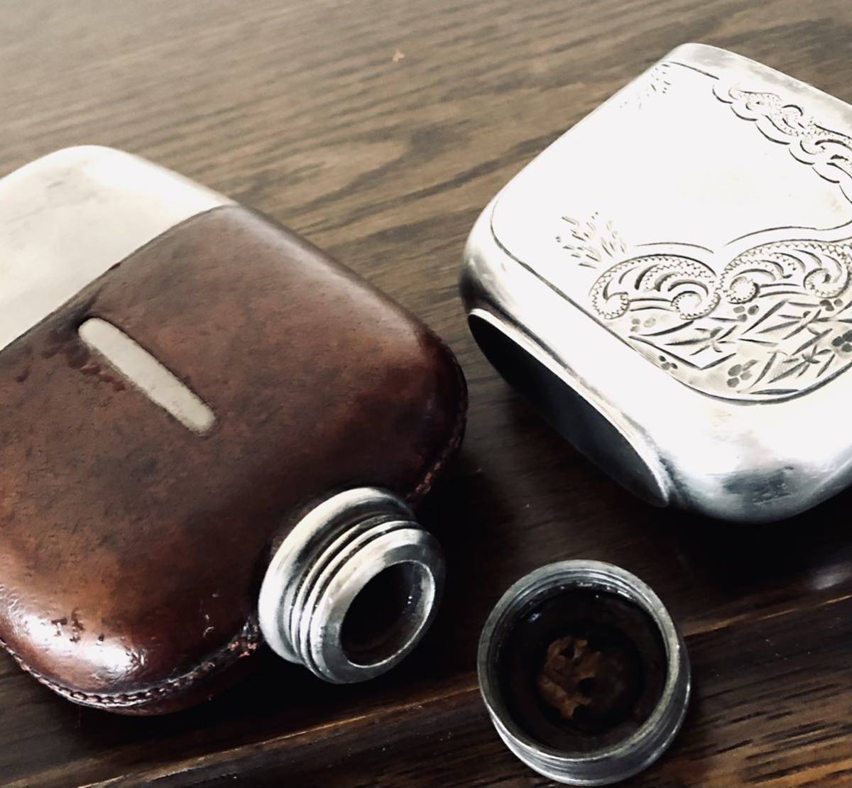 英国アンティーク スキットル ウイスキー ヒップフラスク ガラス