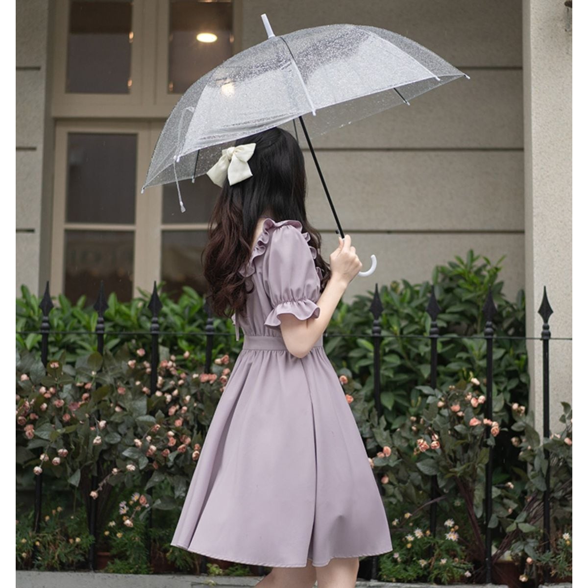 フリル襟キャンディースリーブパープル長袖ワンピース | Maiden's Rêve