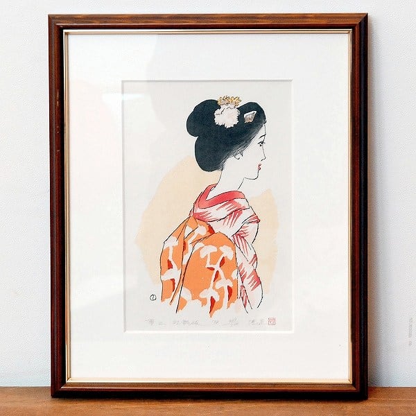 竹久夢二・港屋・木版画・額入「紅舞妓」・No.170429-13・梱包サイズ80