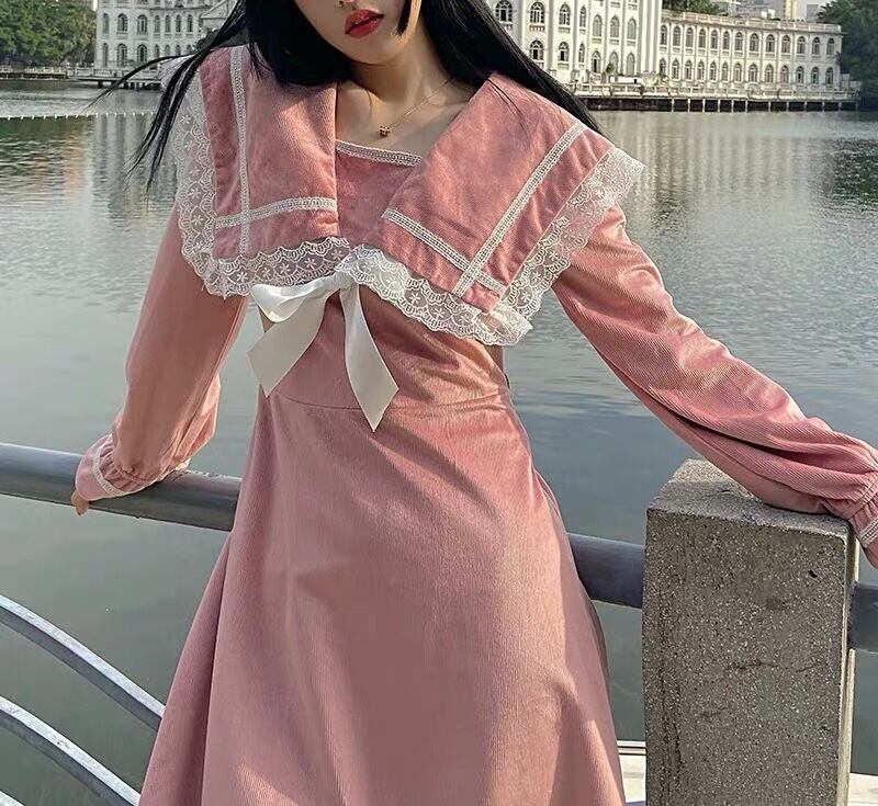 デカ襟 ピンク ベロア ワンピース リボン フリル ドレス セーラー