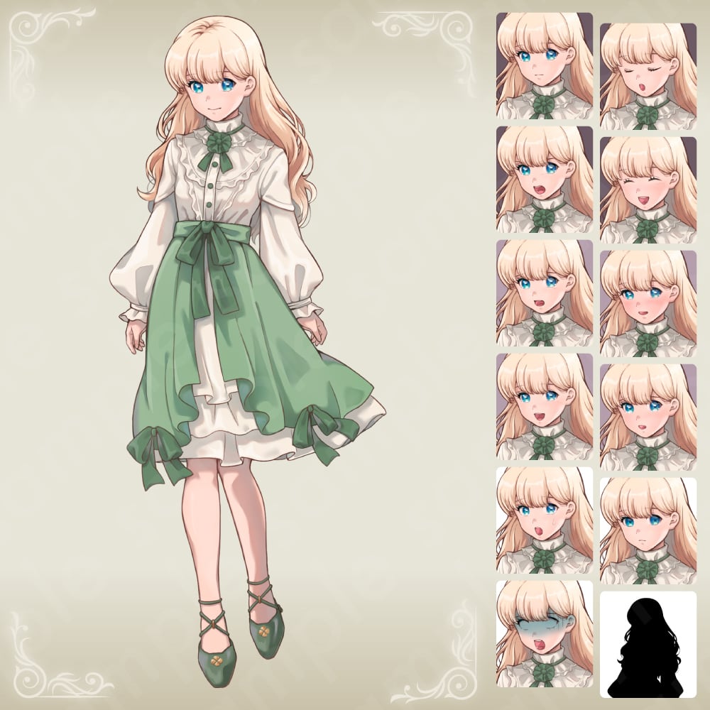 立ち絵素材】お嬢様風の金髪ロング少女キャラクター・白と緑の