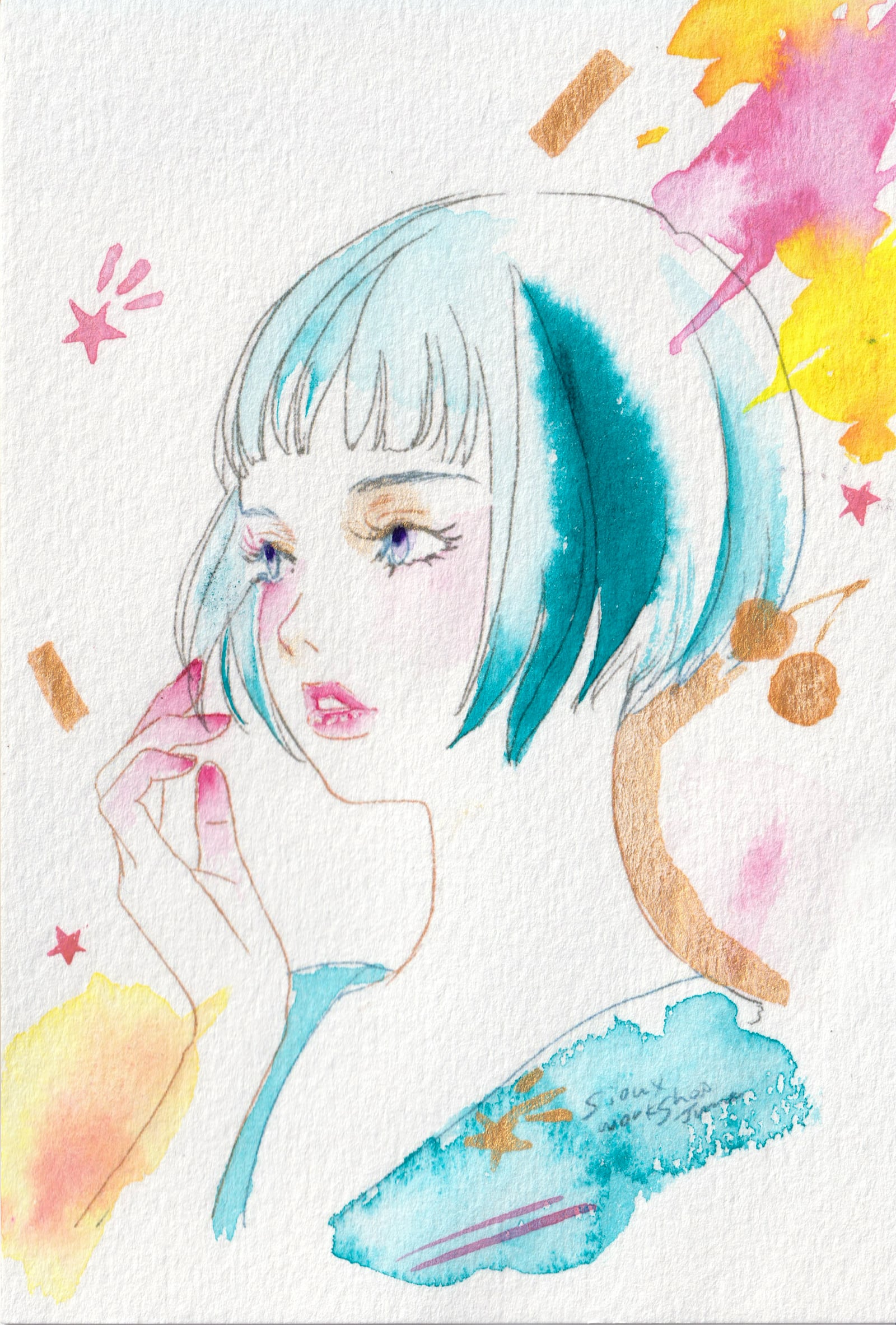 透明水彩画 手描き着彩画 [オリジナル］少女 | sioux mart