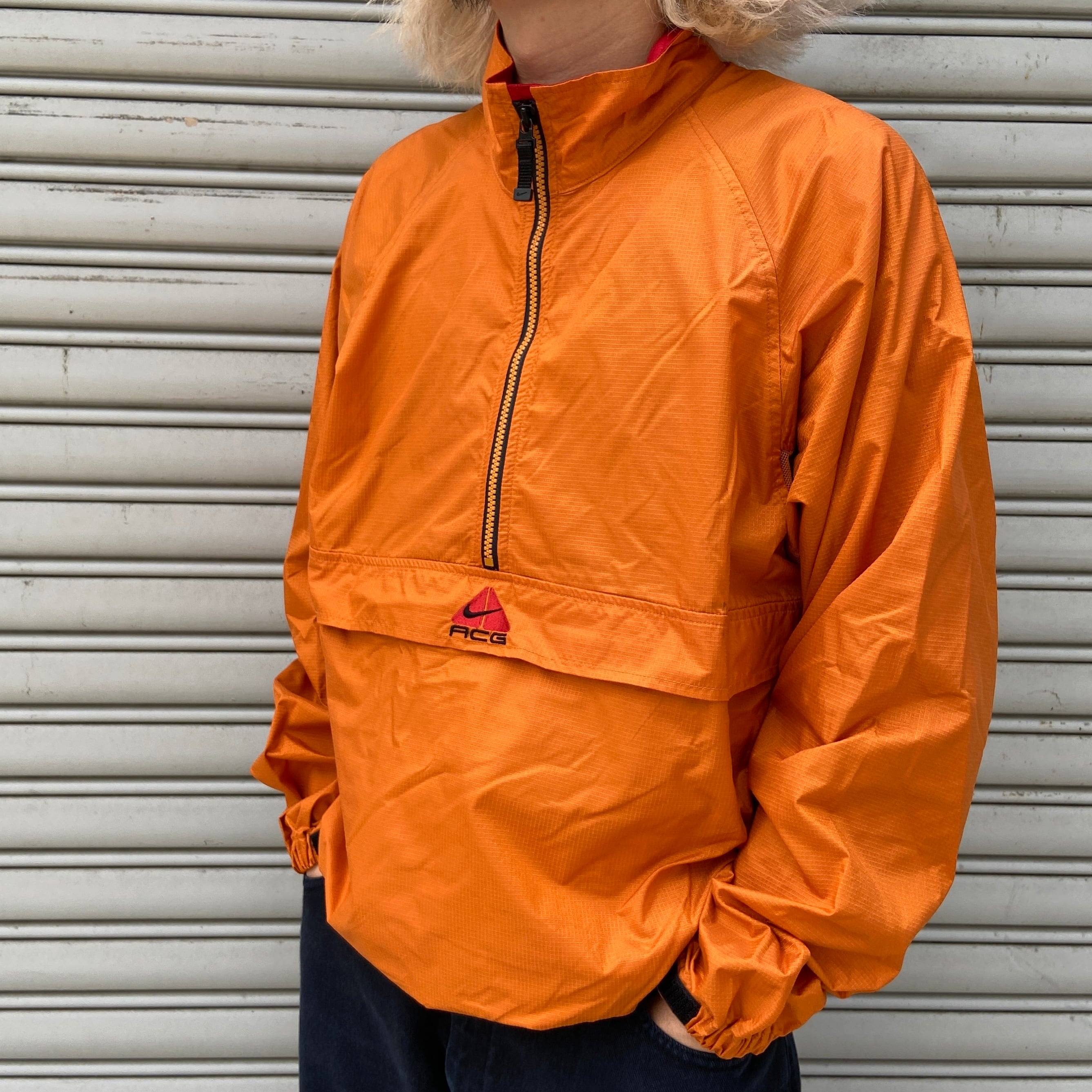 90s NIKE ACG ナイキ ハーフジップナイロンプルオーバー オレンジ S