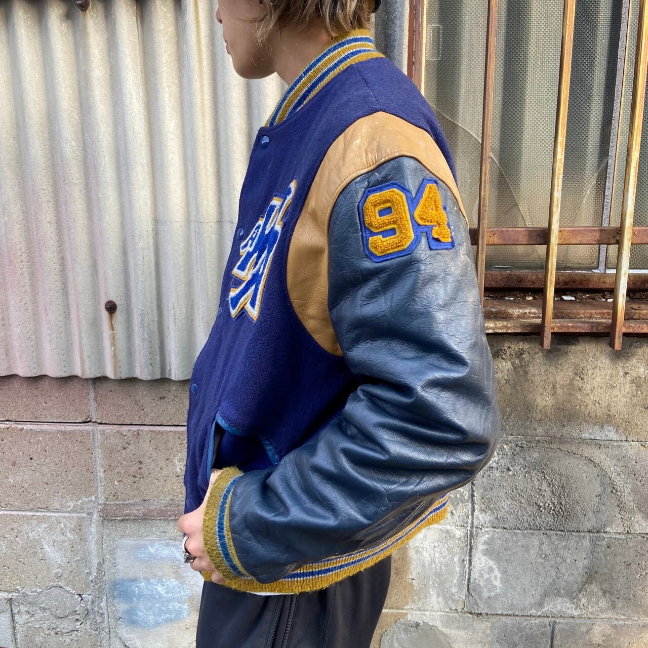 80年代 USA製 TROPHY JACKET 袖レザー ウールスタジャン ワッペン