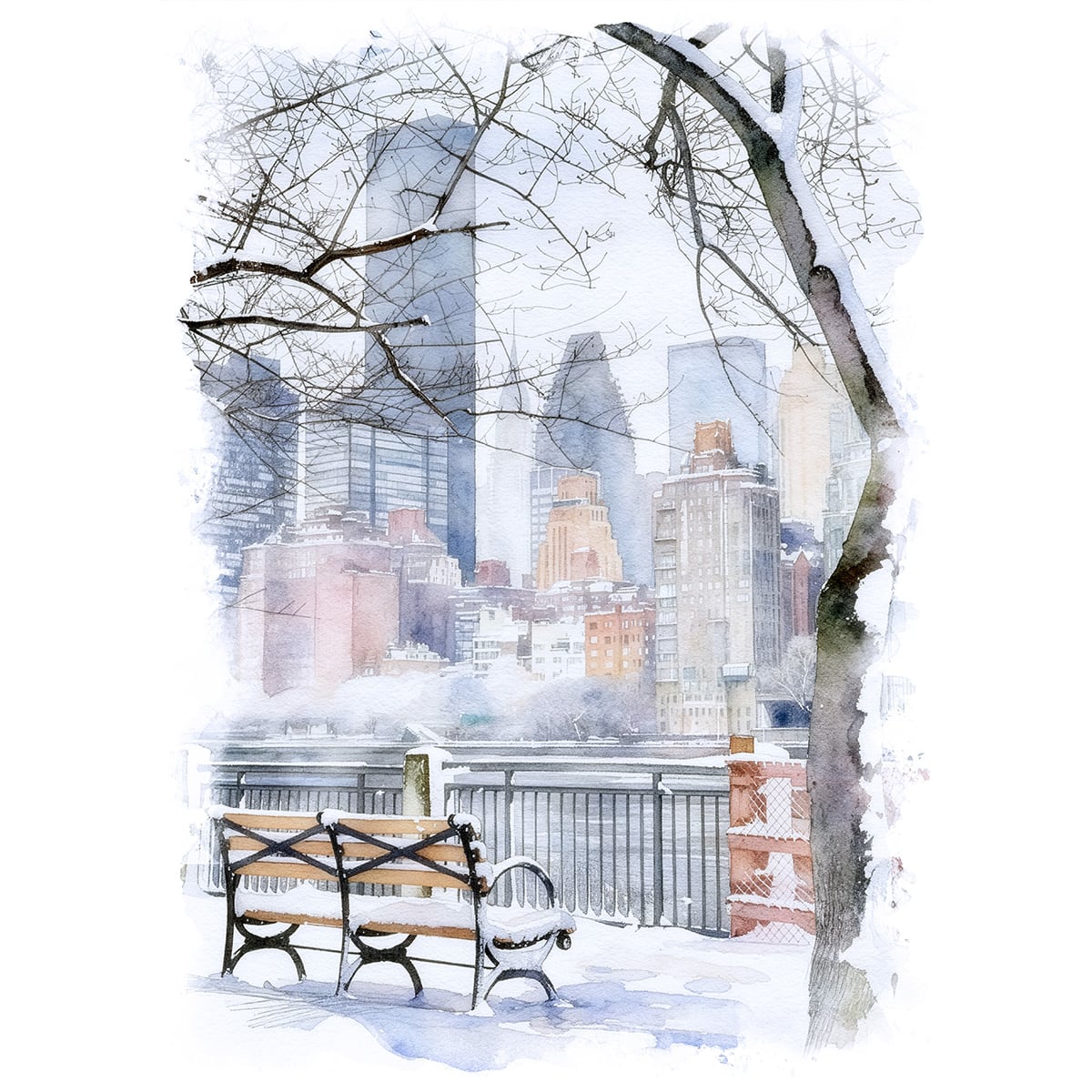 絵画 風景画(街並み) 冬 アメリカ ニューヨーク 雪の積もるセントラル