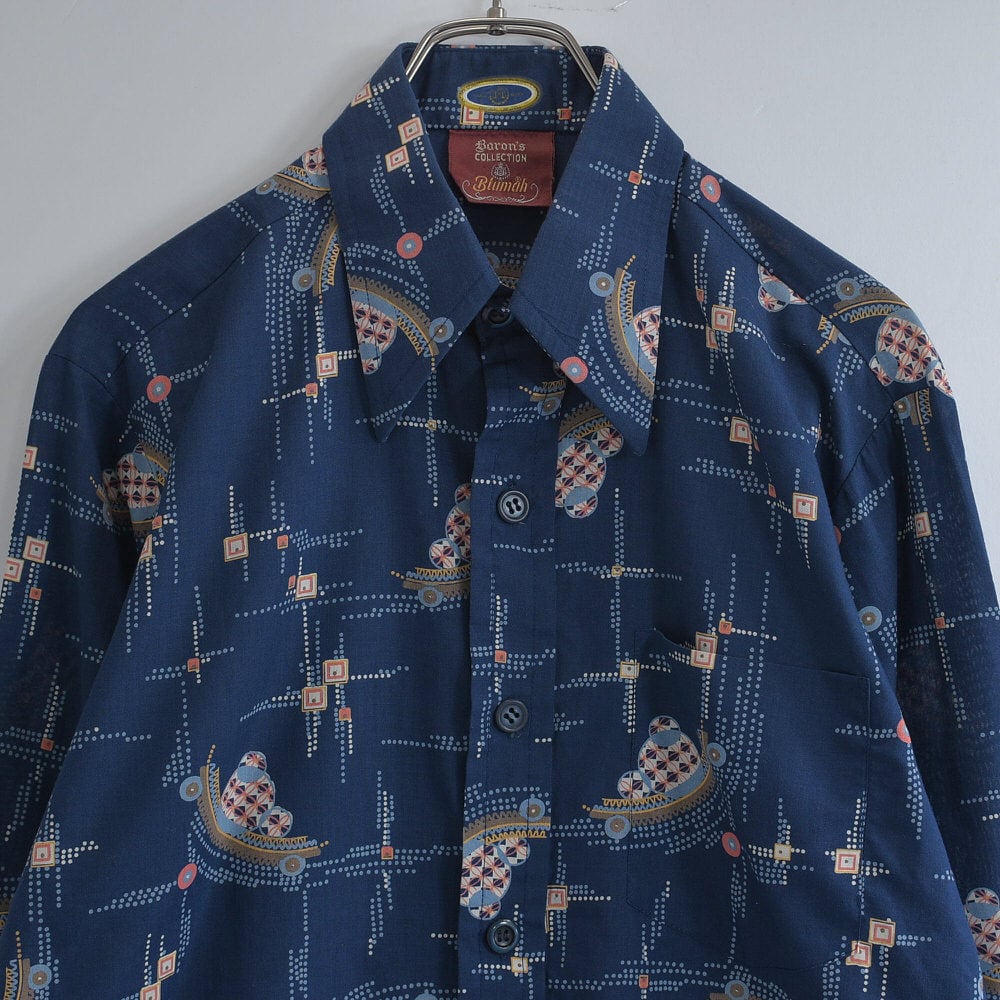 70～80s Blumah オリエンタルアート柄 クラシックデザイン 総柄 シャツ
