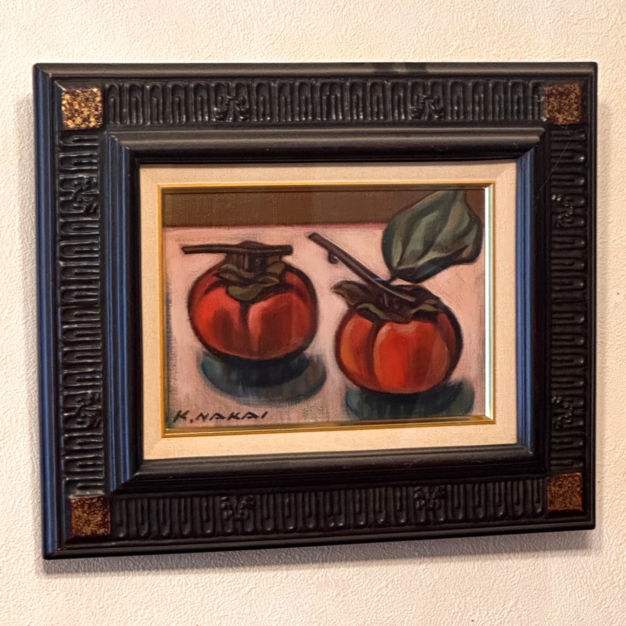 油彩作品「柿二つ」 | 「シナモン」小さなハープと絵画の販売