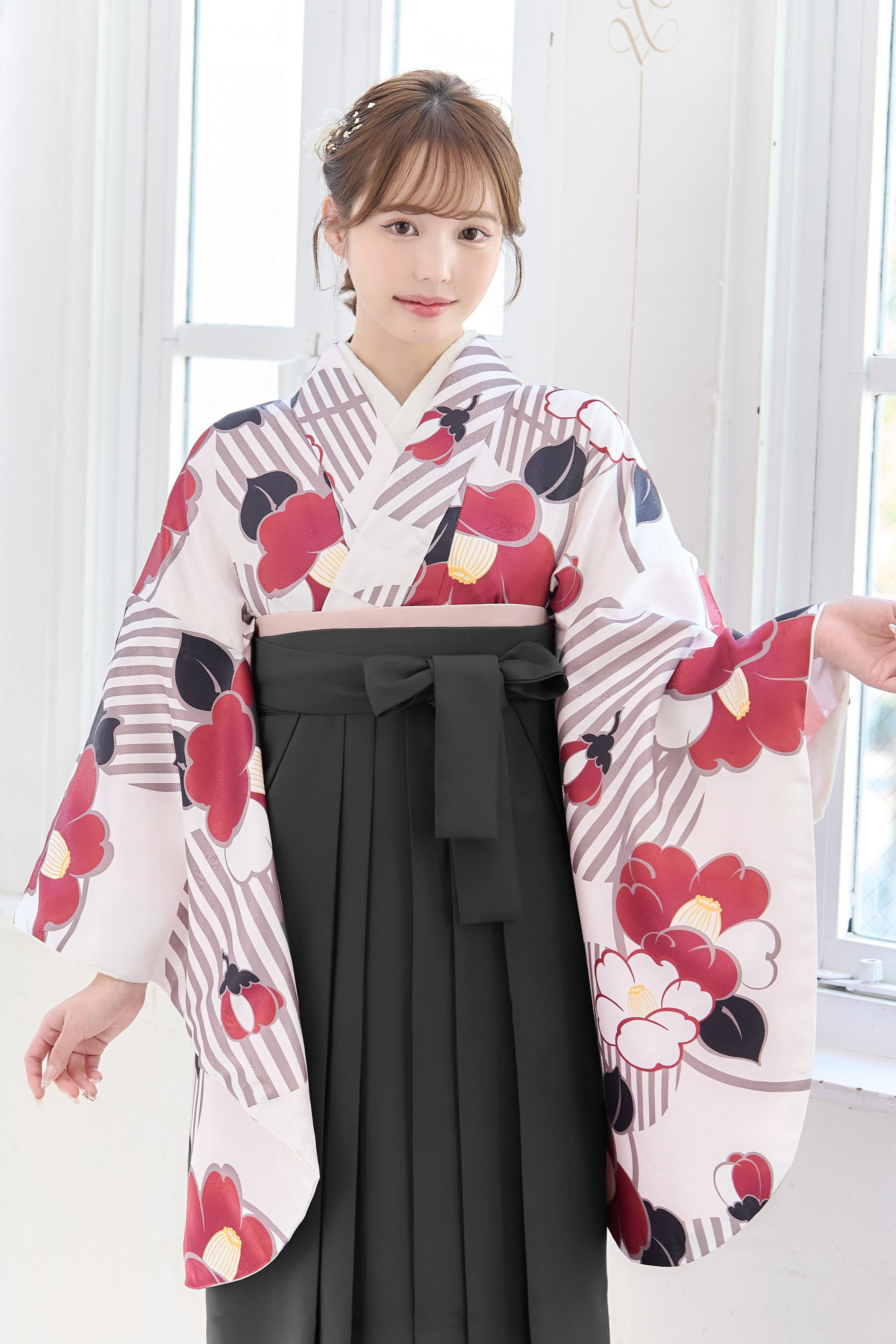 袴4点SET大正ロマン椿遊び(ストライプ)卒業式用袴⑧-EJ/BR/BK