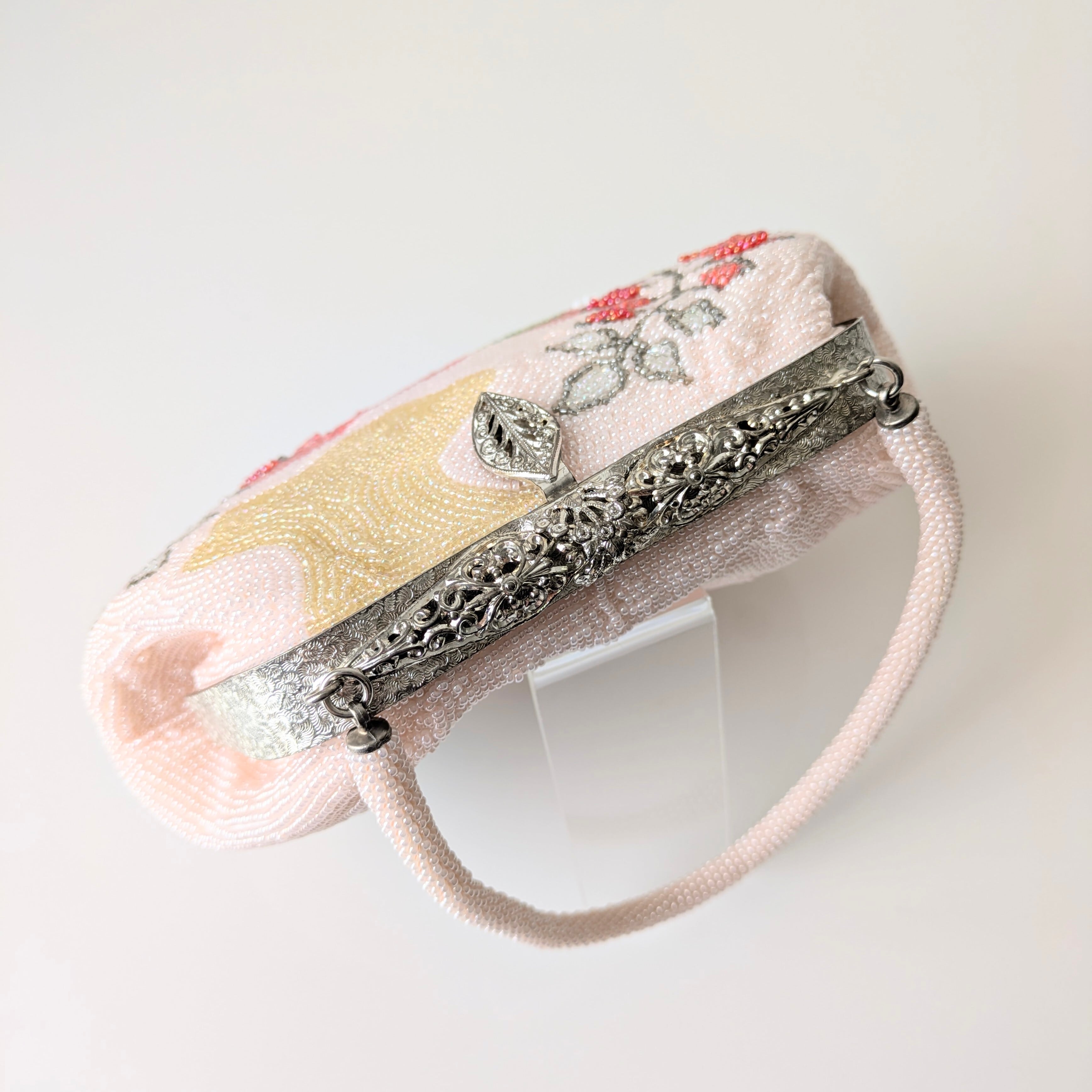 Vintage】ビーズ刺繍バッグ ピンク 藤の花模様 パーティーバッグ 昭和