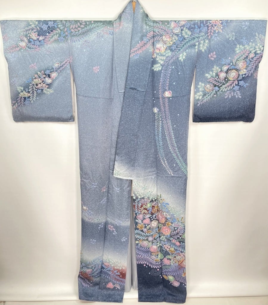 辻が花 絞り 紋意匠 トールサイズ 金彩 訪問着 正絹 袷 青 ブルー 紫