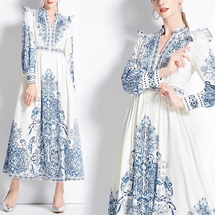 送料無料 ◇ D2027 アラベスク柄 Vネック 長袖 ロング ワンピース