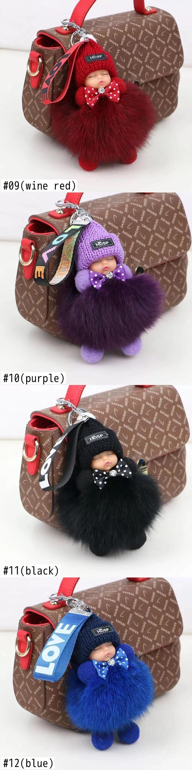 送料無料 キツネの毛皮ポンポン睡眠赤ちゃんキーホルダーかわいい